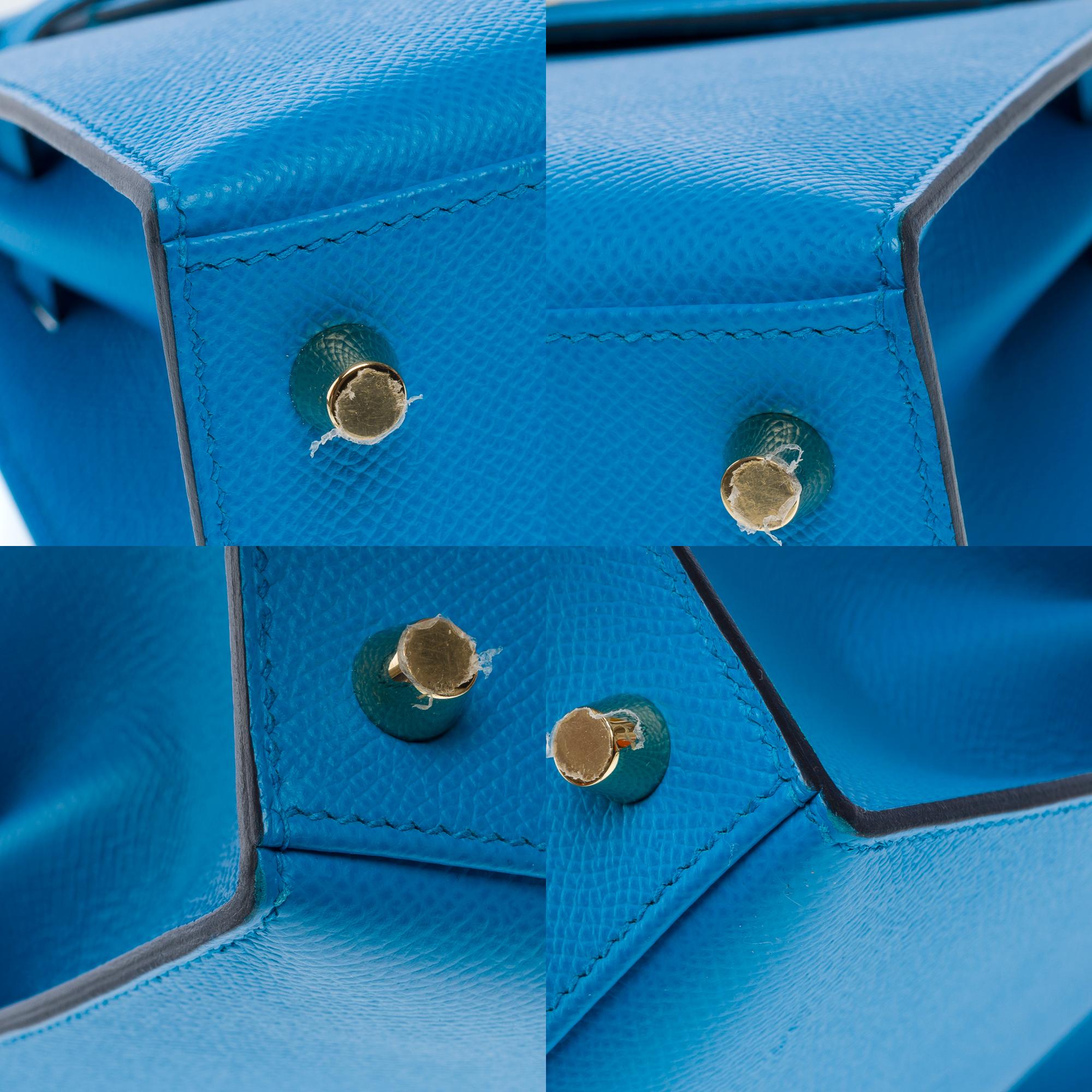 Amazing Hermès Kelly 25 handbag strap in Blue Frida Epsom calf leather, GHW For Sale 8