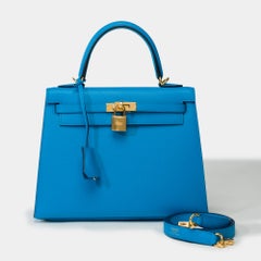 Étonnante bandoulière de sac à main Hermès Kelly 25 en cuir de veau Frida Epsom bleu, GHW