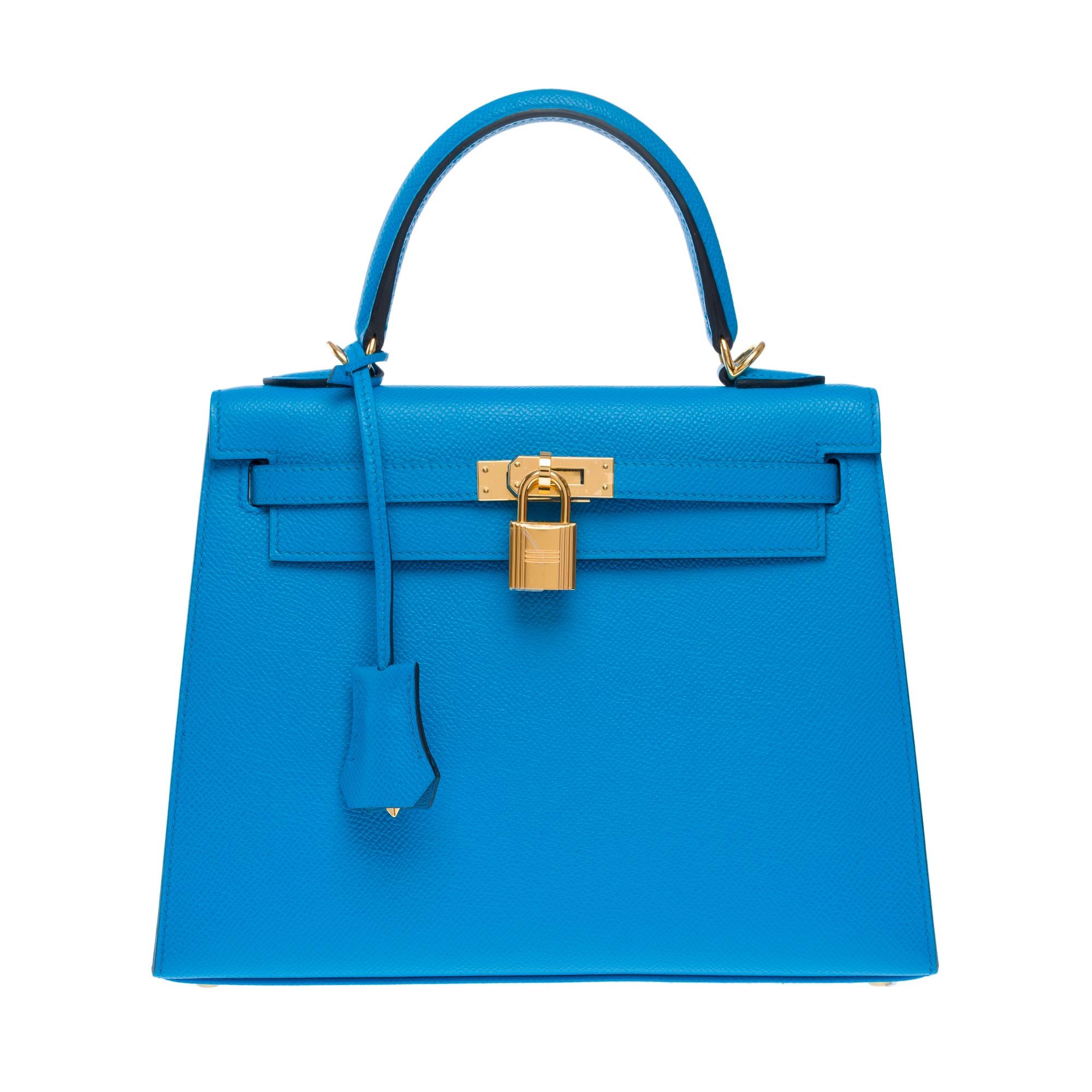 Amazing Hermès Kelly 25 handbag strap in Blue Frida Epsom calf leather, GHW In Excellent Condition For Sale In Paris, IDF