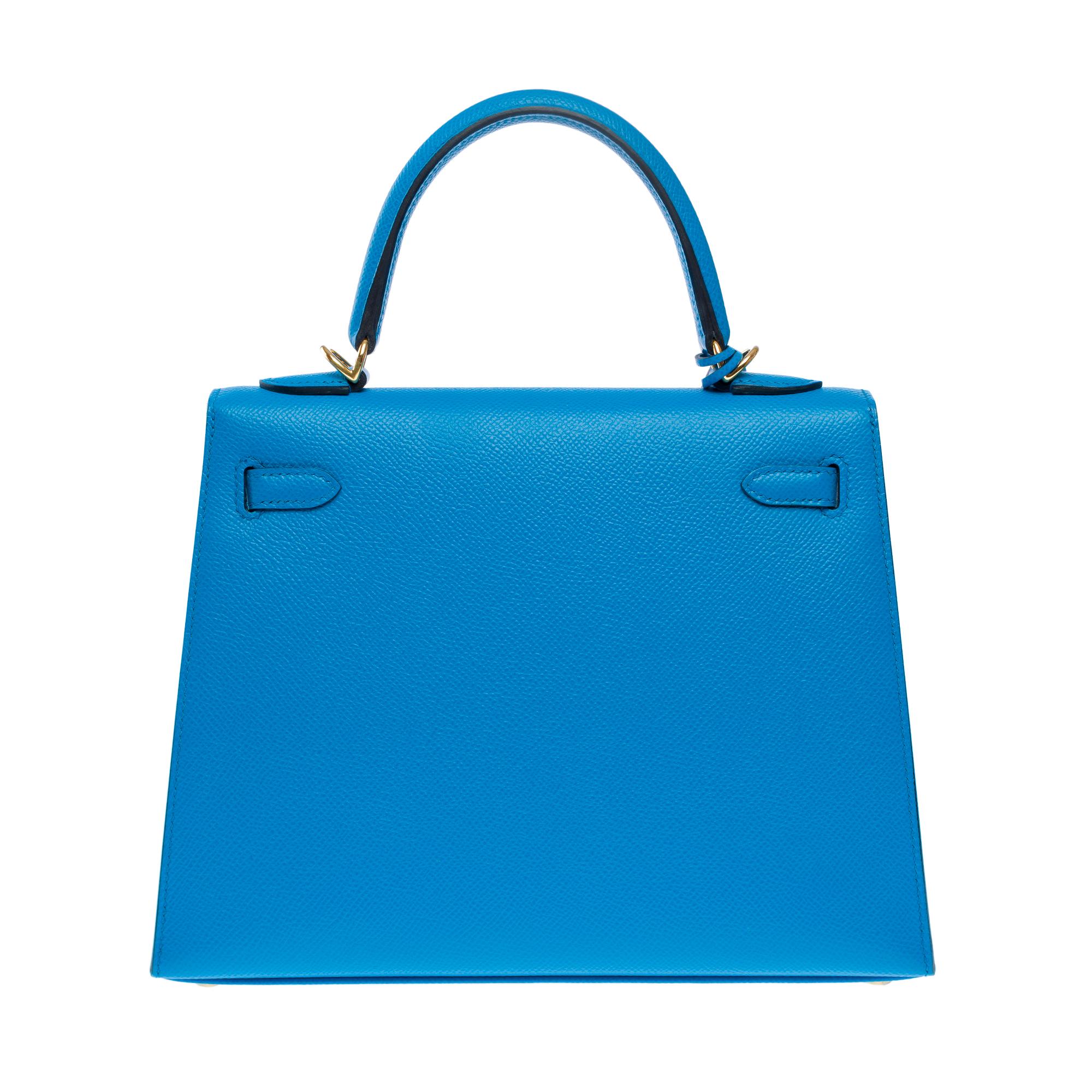 Women's Amazing Hermès Kelly 25 handbag strap in Blue Frida Epsom calf leather, GHW For Sale