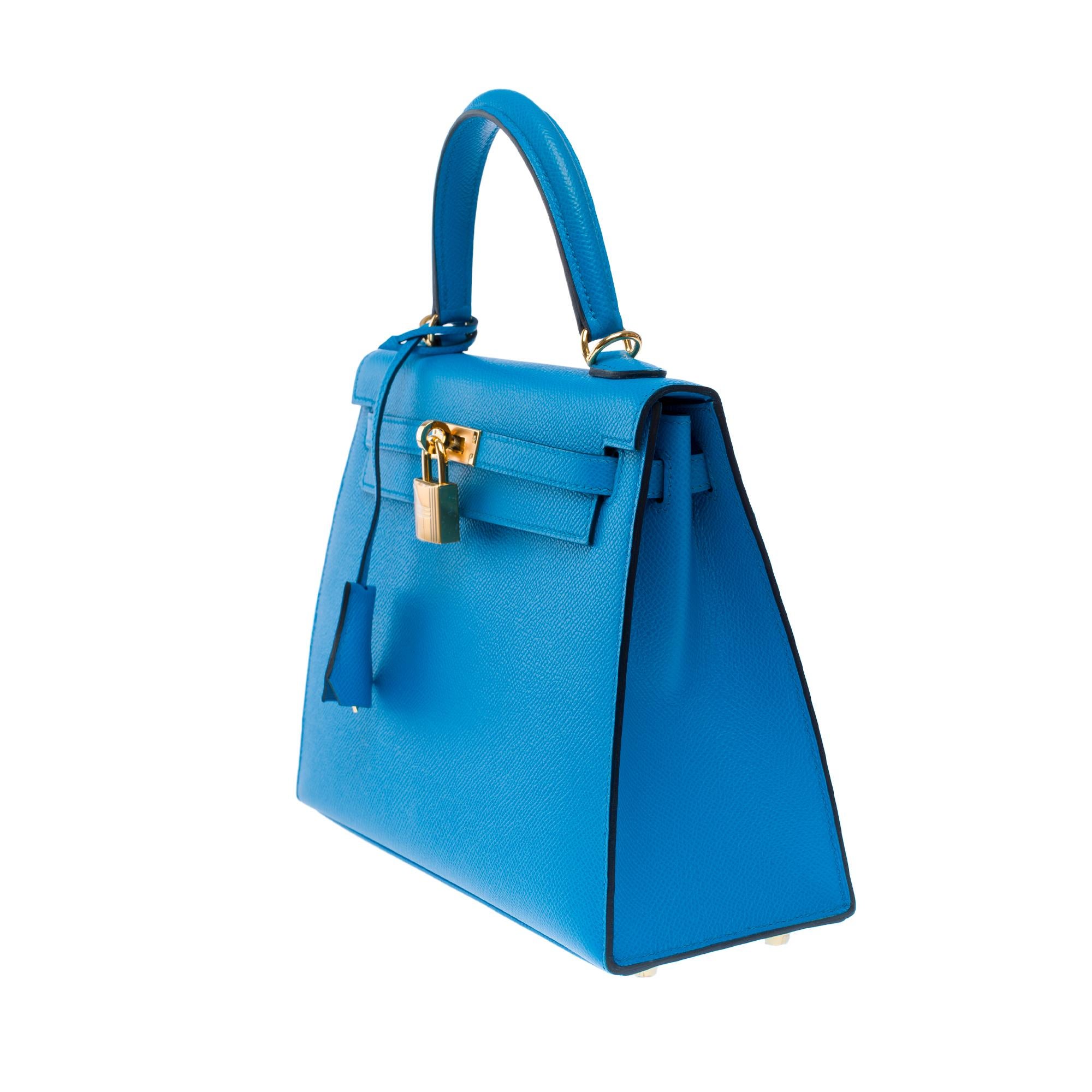 Amazing Hermès Kelly 25 handbag strap in Blue Frida Epsom calf leather, GHW For Sale 1