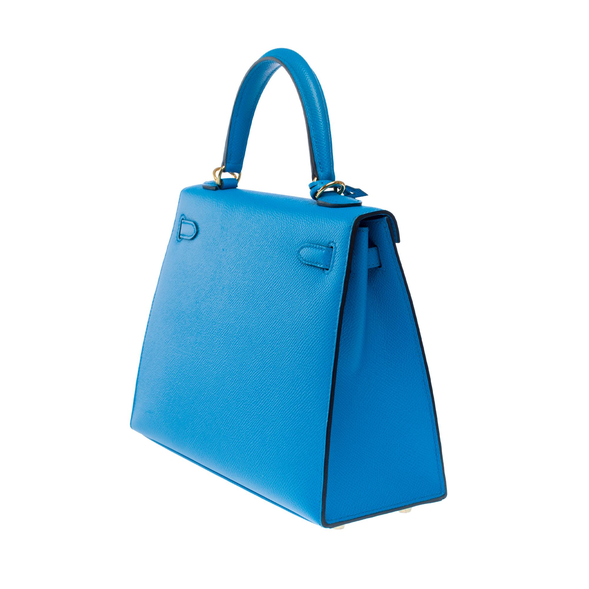 Amazing Hermès Kelly 25 handbag strap in Blue Frida Epsom calf leather, GHW For Sale 2