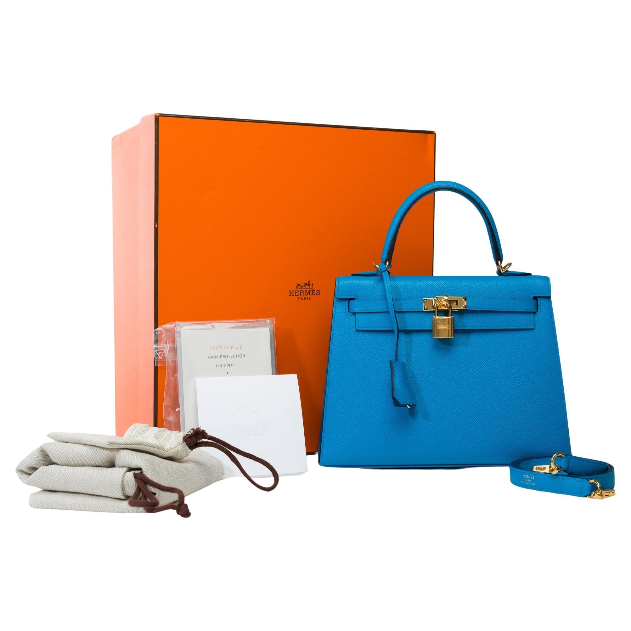 Amazing Hermès Kelly 25 handbag strap in Blue Frida Epsom calf leather, GHW For Sale