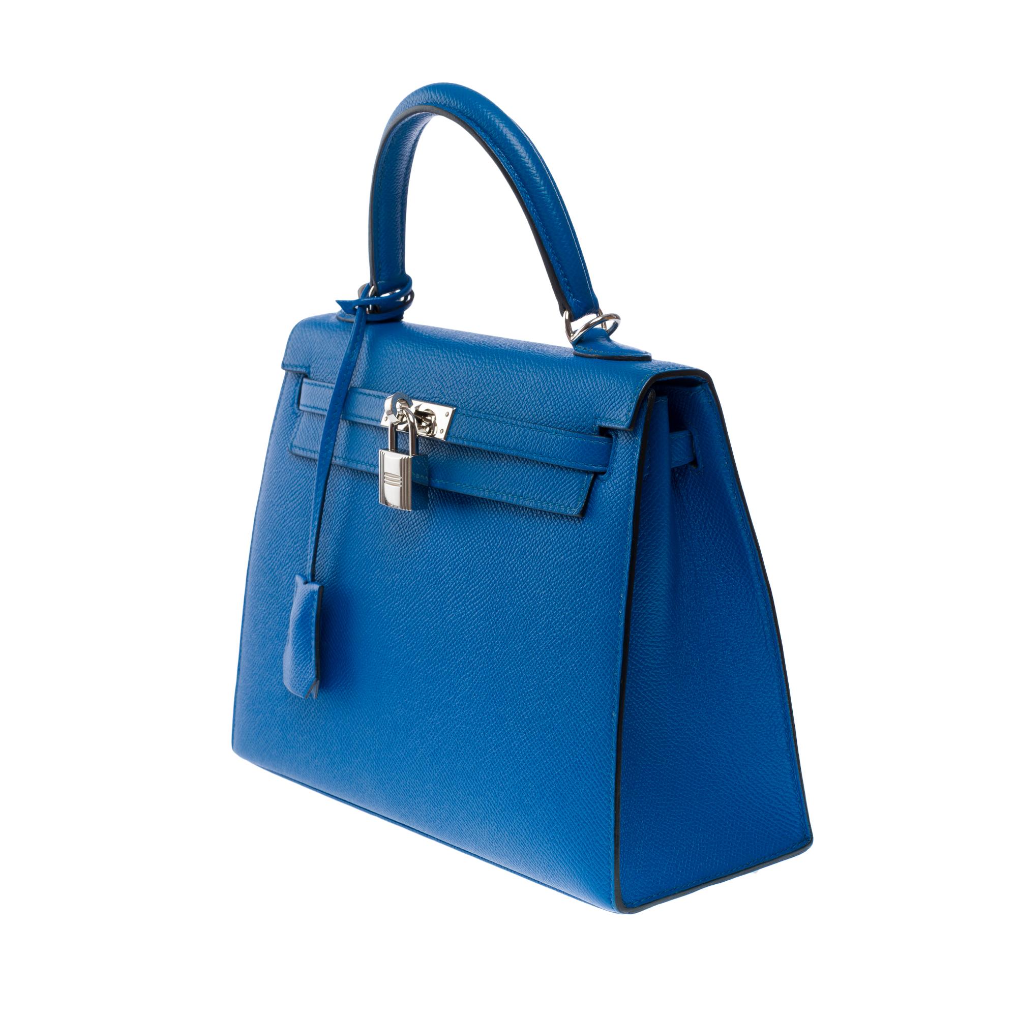 Superbe lanière de sac à main Hermès Kelly 25 en cuir d'epsom Zellige bleu, SHW Pour femmes en vente