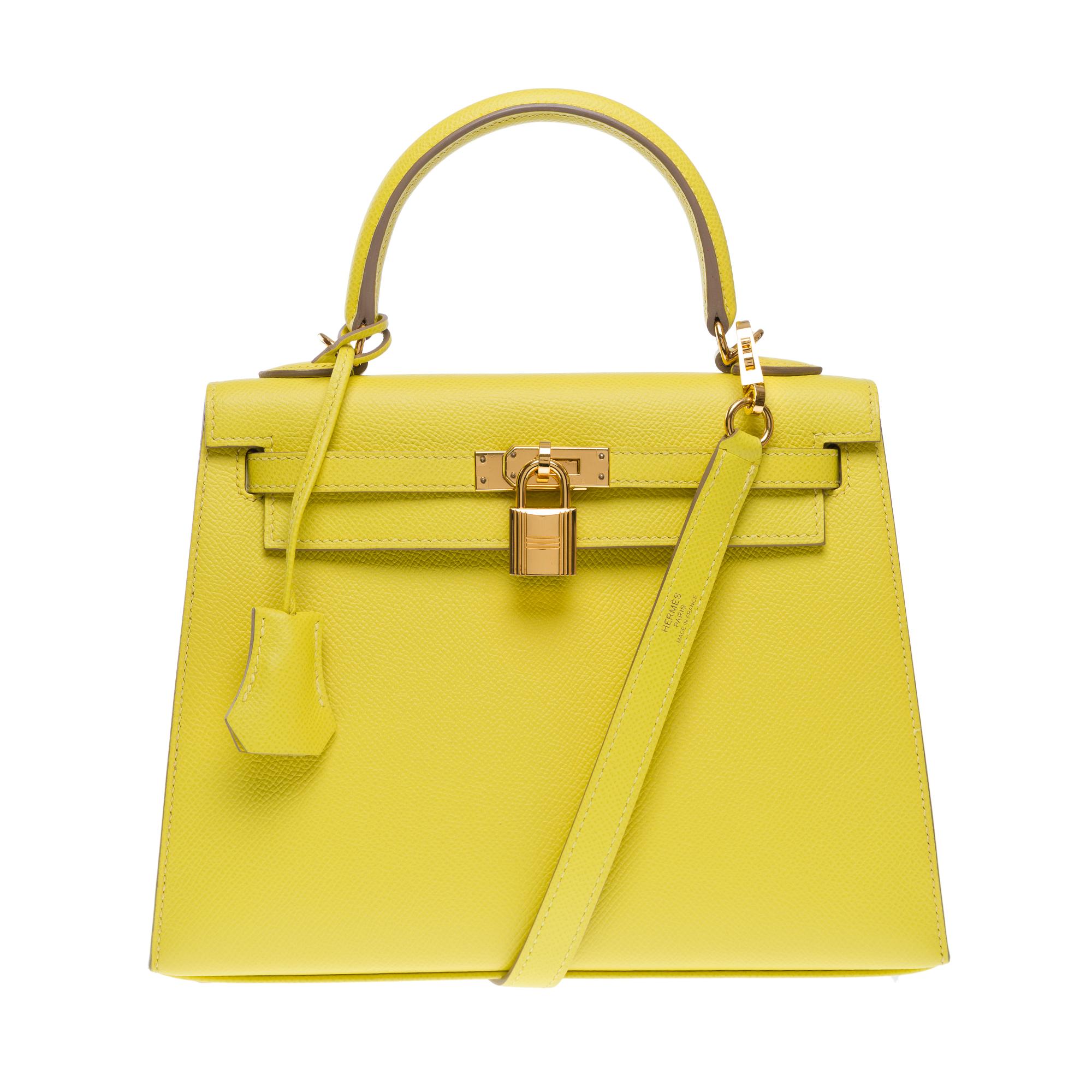 Orange Amazing Hermès Kelly 25 handbag strap in Lime Epsom Calf leather, GHW For Sale