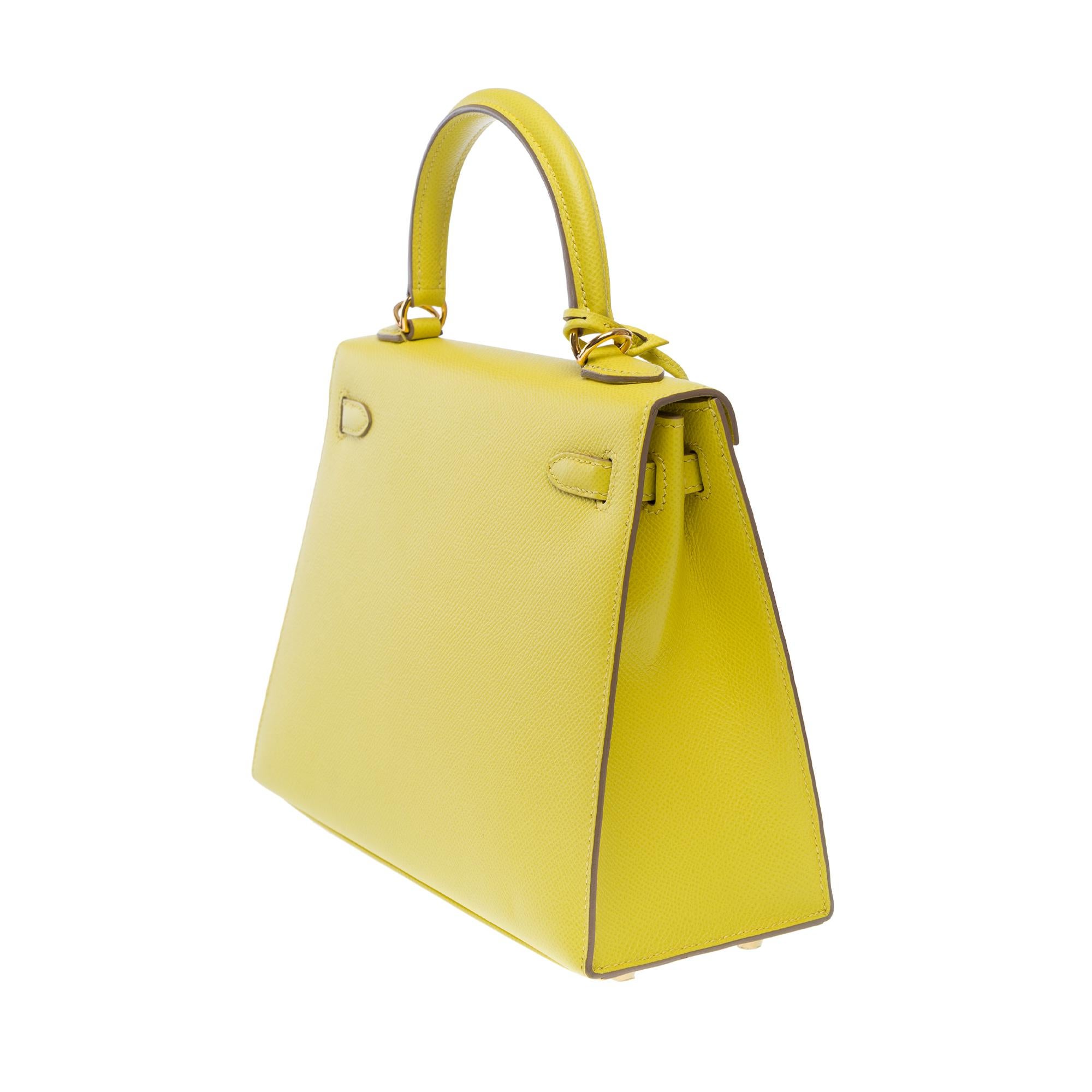 Amazing Hermès Kelly 25 handbag strap in Lime Epsom Calf leather, GHW For Sale 1