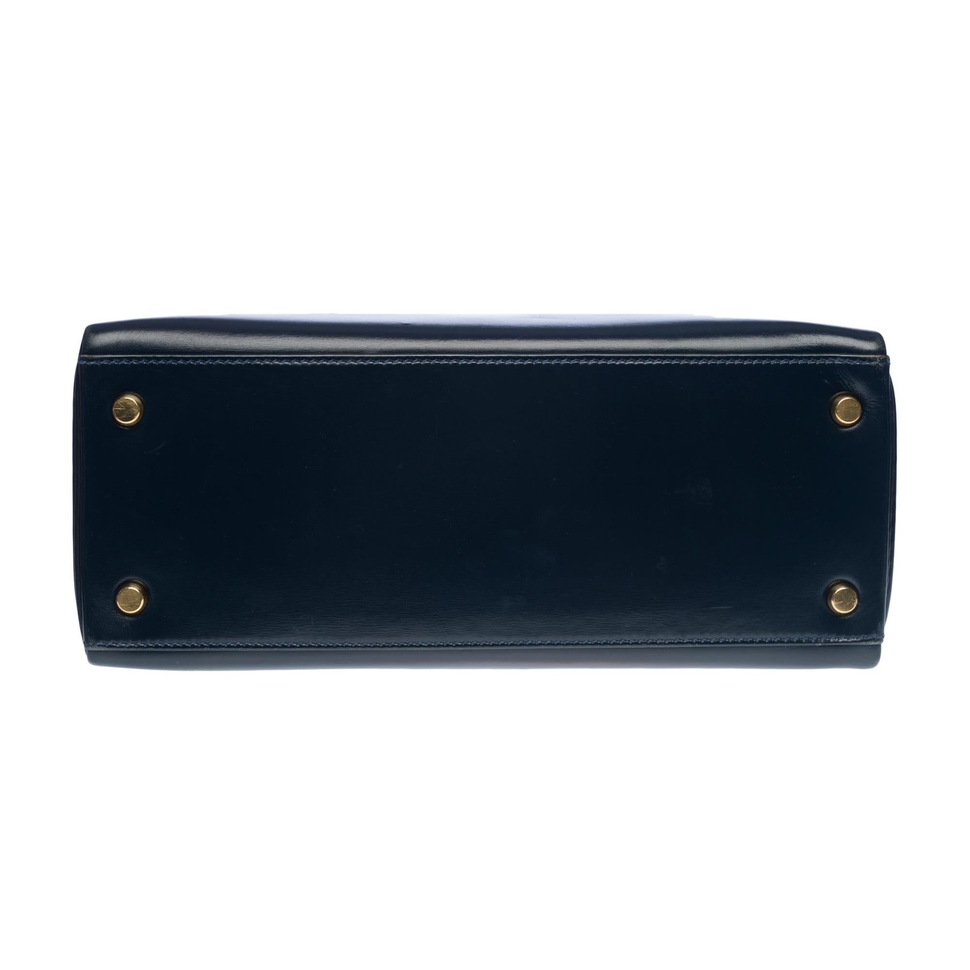 Rare Hermes Kelly 28 retourne handbag double strap in Navy blue box calfskin, GHW 2