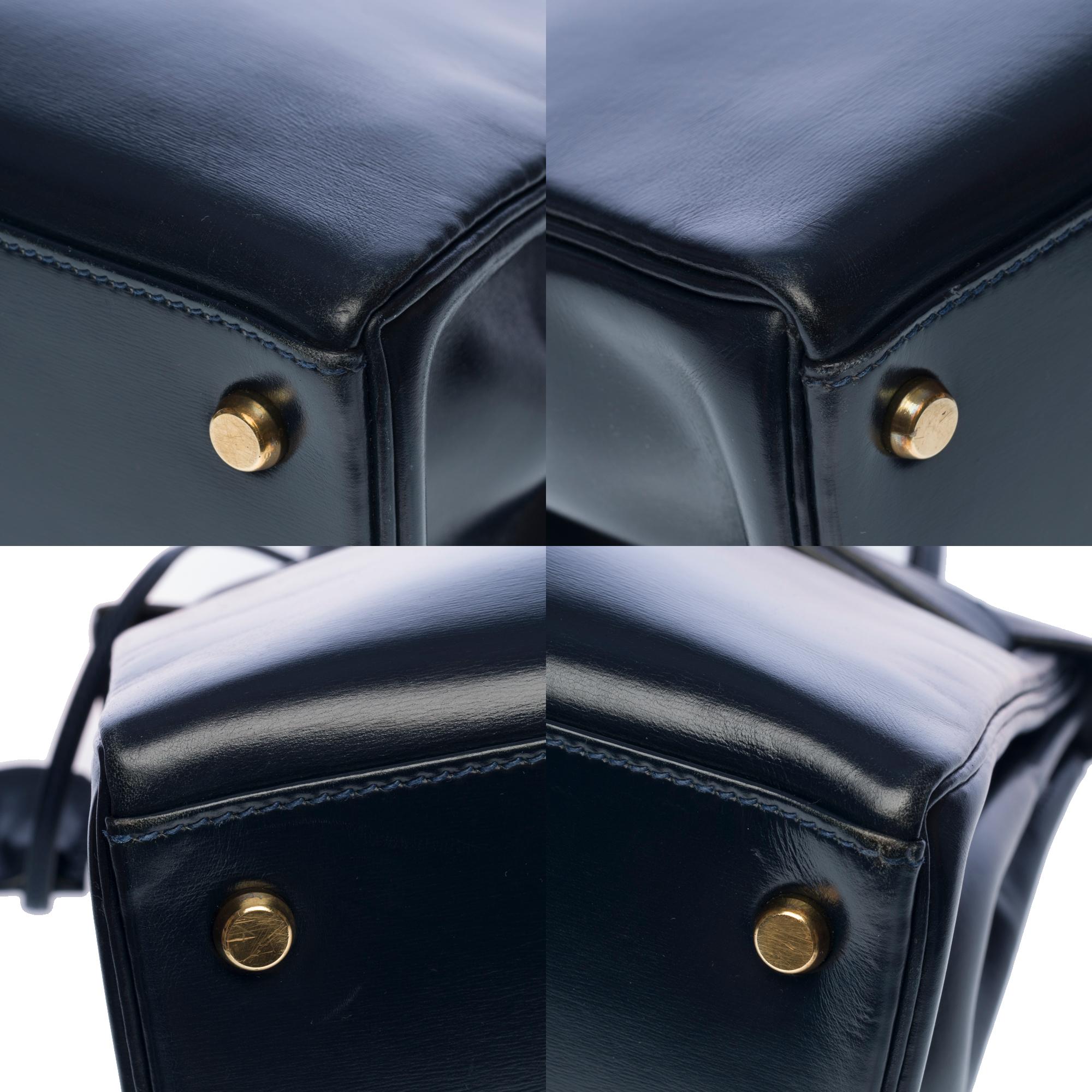 Rare Hermes Kelly 28 retourne handbag double strap in Navy blue box calfskin, GHW 3