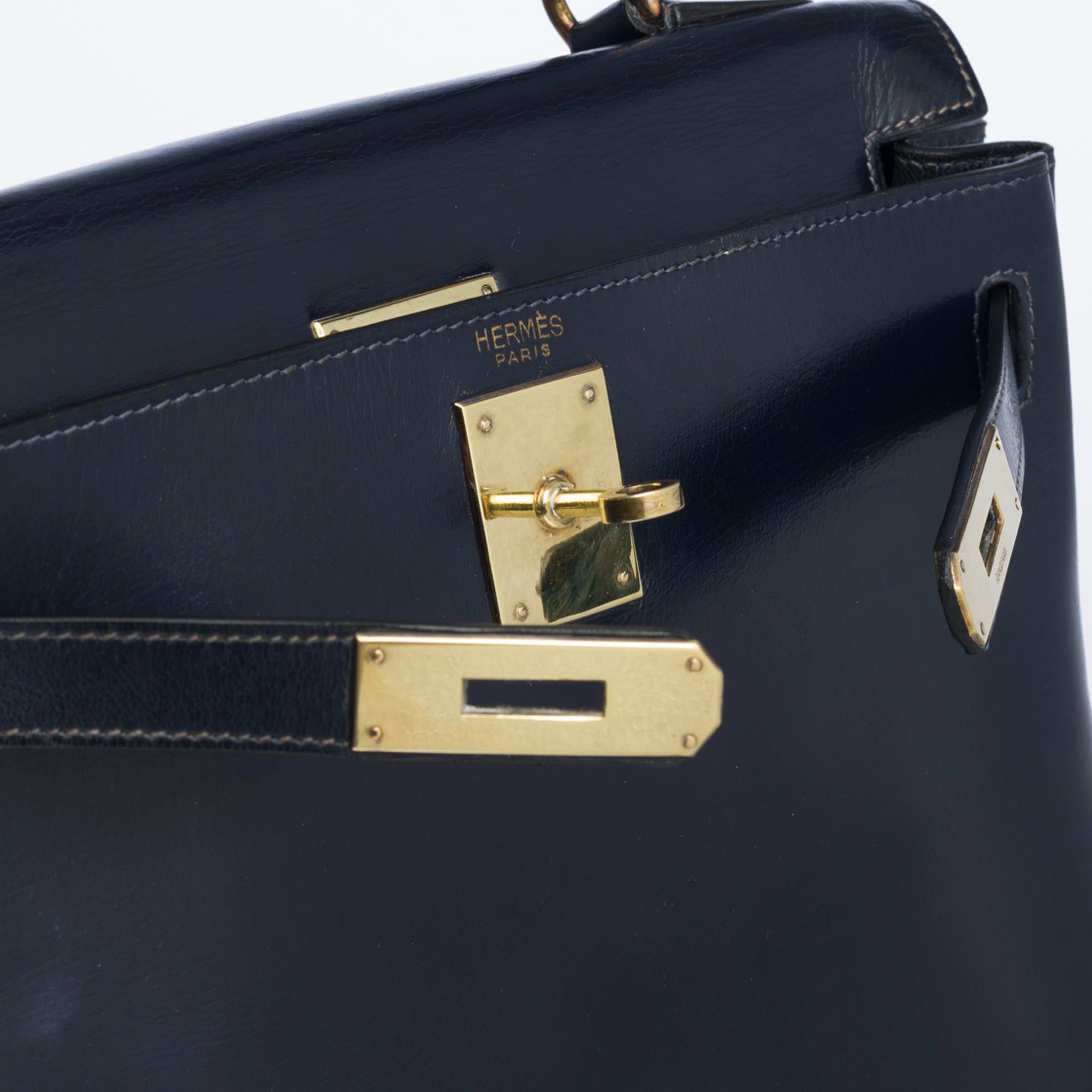 Black Amazing Hermes Kelly 28 retourne handbag strap in Navy blue box calfskin, GHW