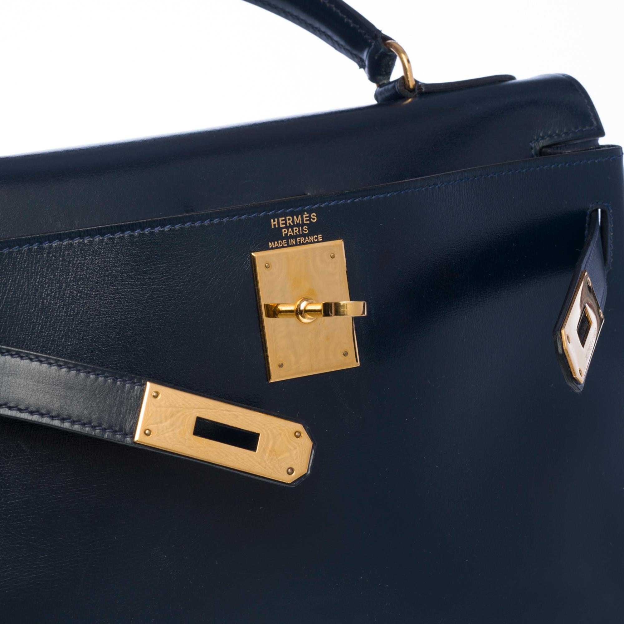 Black Rare Hermes Kelly 28 retourne handbag double strap in Navy blue box calfskin, GHW