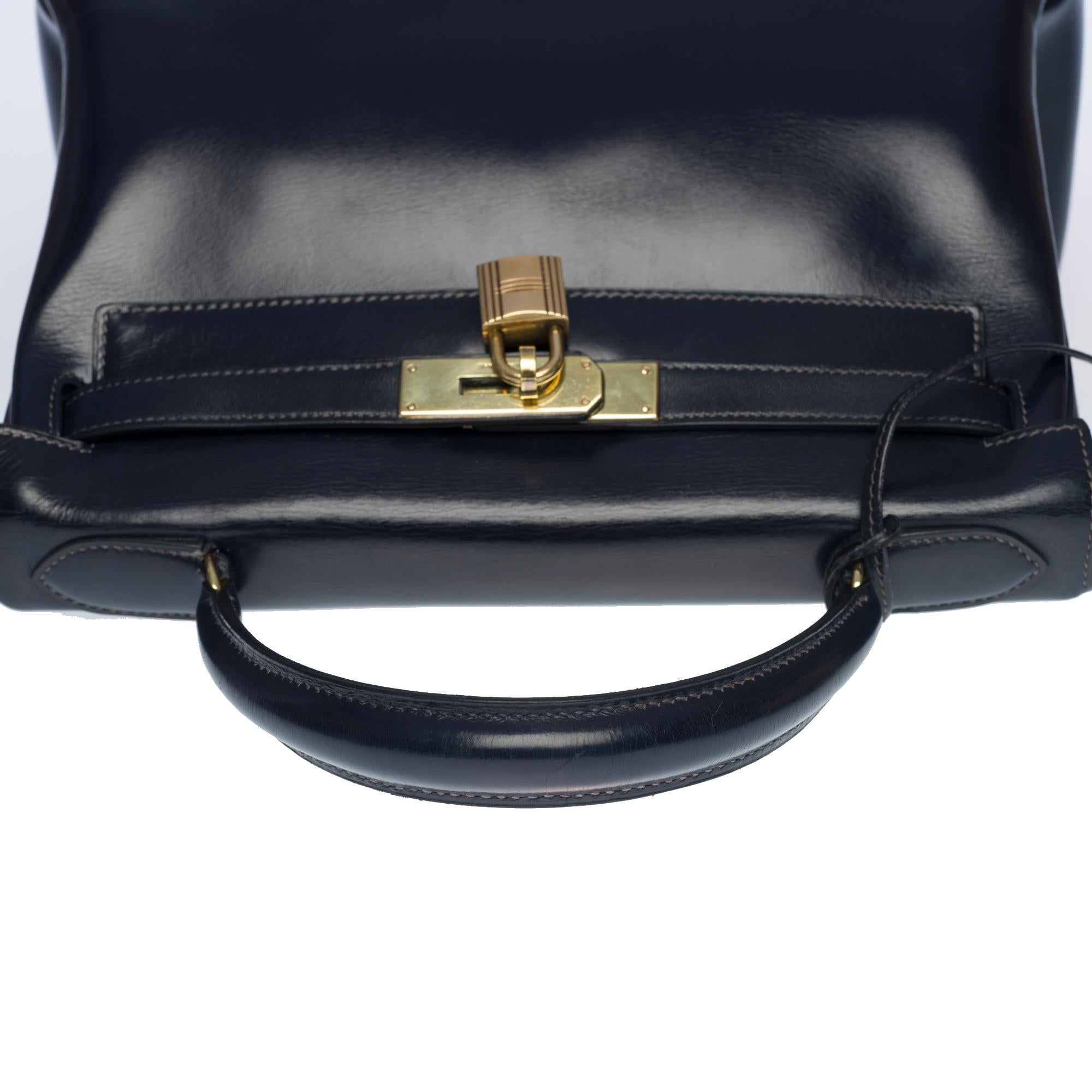 Women's Amazing Hermes Kelly 28 retourne handbag strap in Navy blue box calfskin, GHW