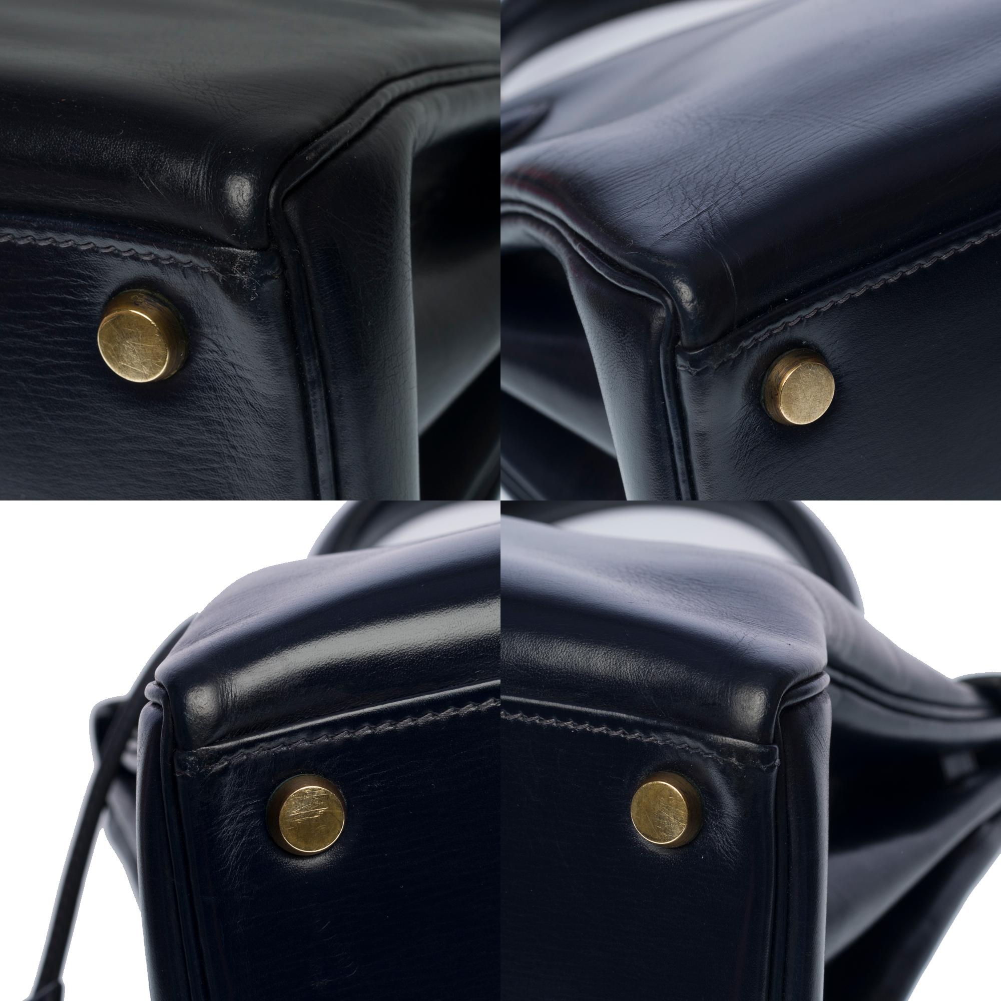 Amazing Hermes Kelly 28 retourne handbag strap in Navy blue box calfskin, GHW 2