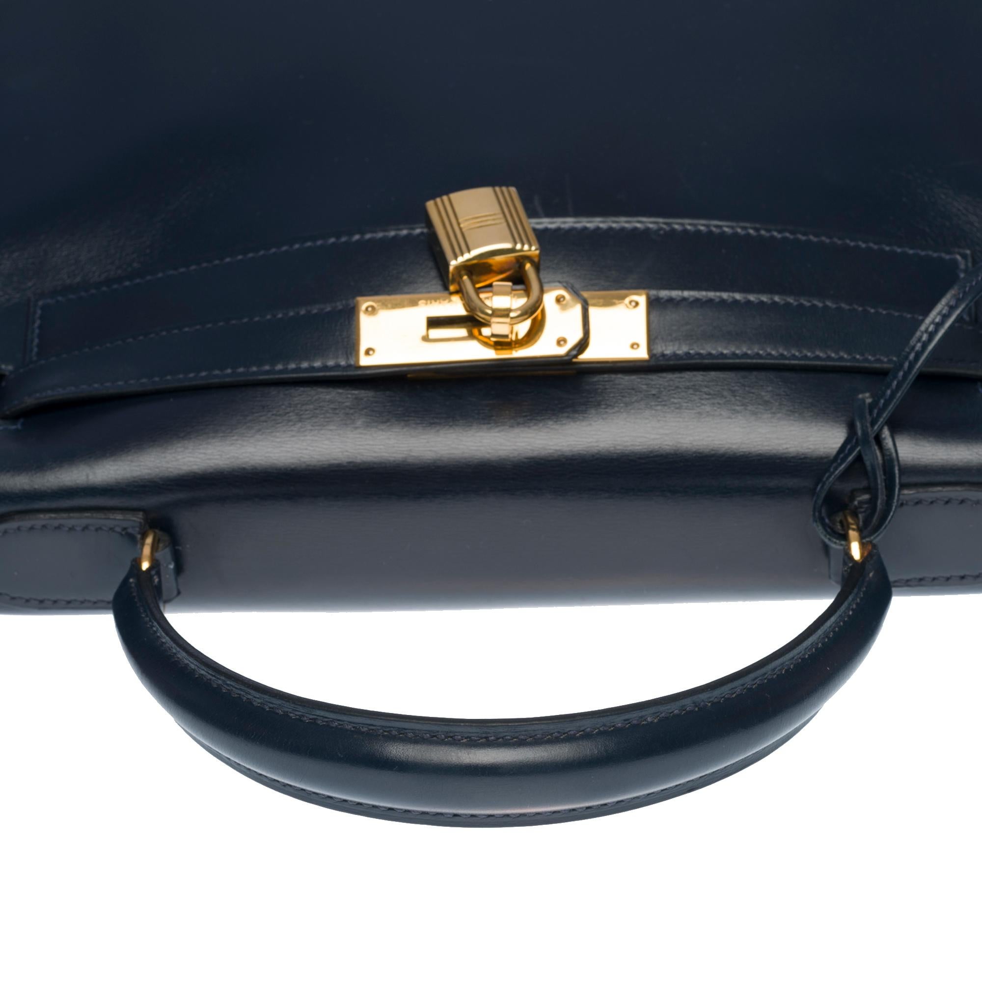 Rare Hermes Kelly 28 retourne handbag double strap in Navy blue box calfskin, GHW 1