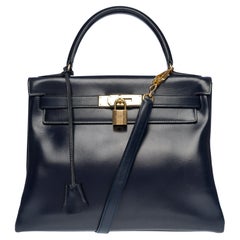 Hermes Kelly 28 retourne Handtasche mit marineblauem Kasten aus Kalbsleder, GHW