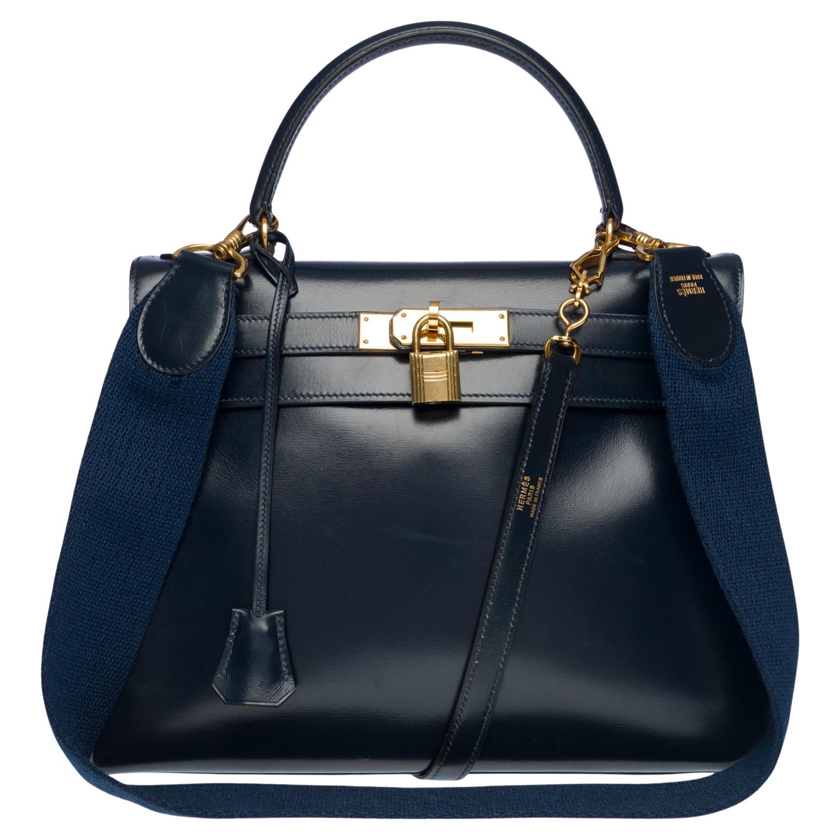 Rare Hermes Kelly 28 retourne handbag double strap in Navy blue box calfskin,GHW