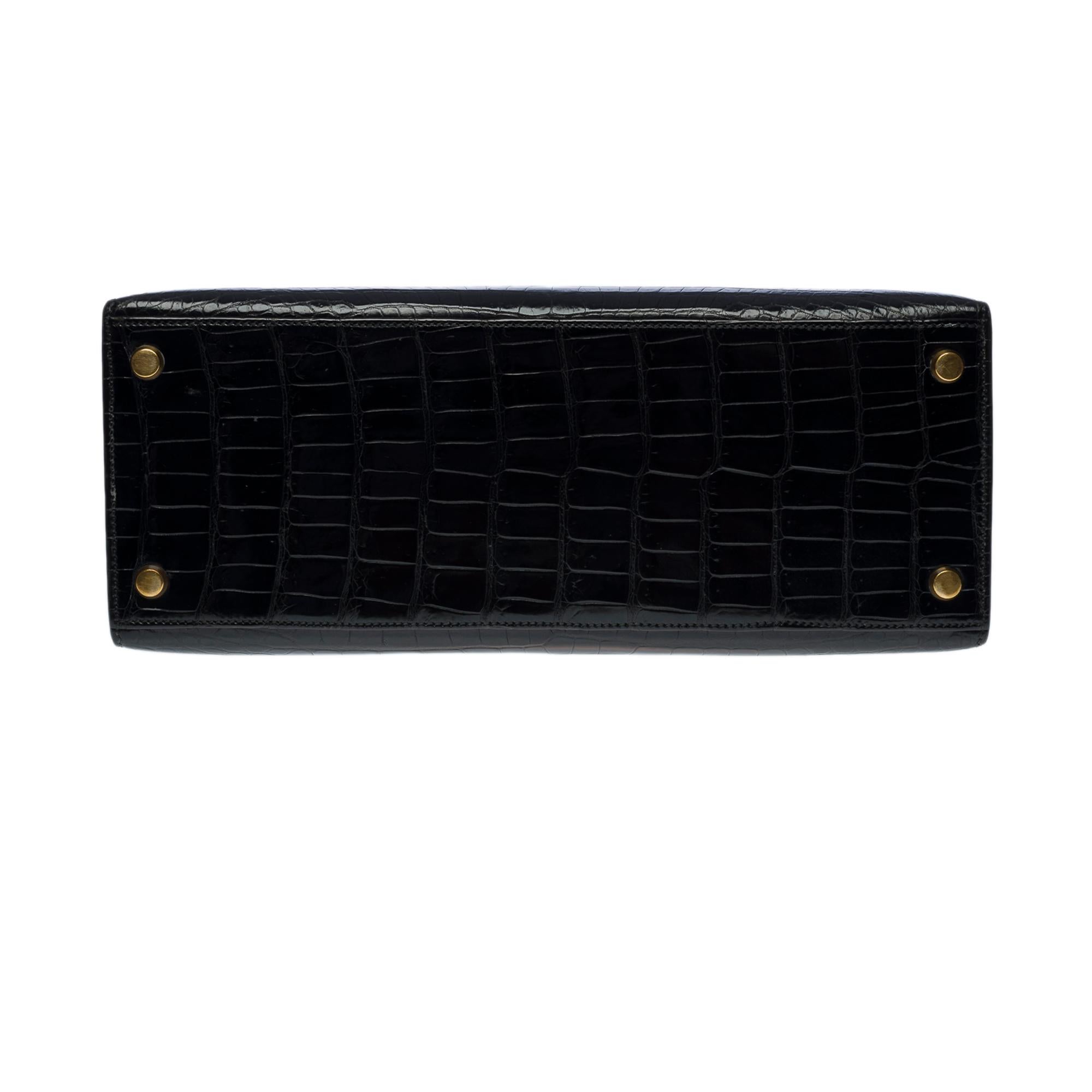 Amazing Hermes Kelly 28 sellier handbag strap in black Crocodile Porosus, GHW 5