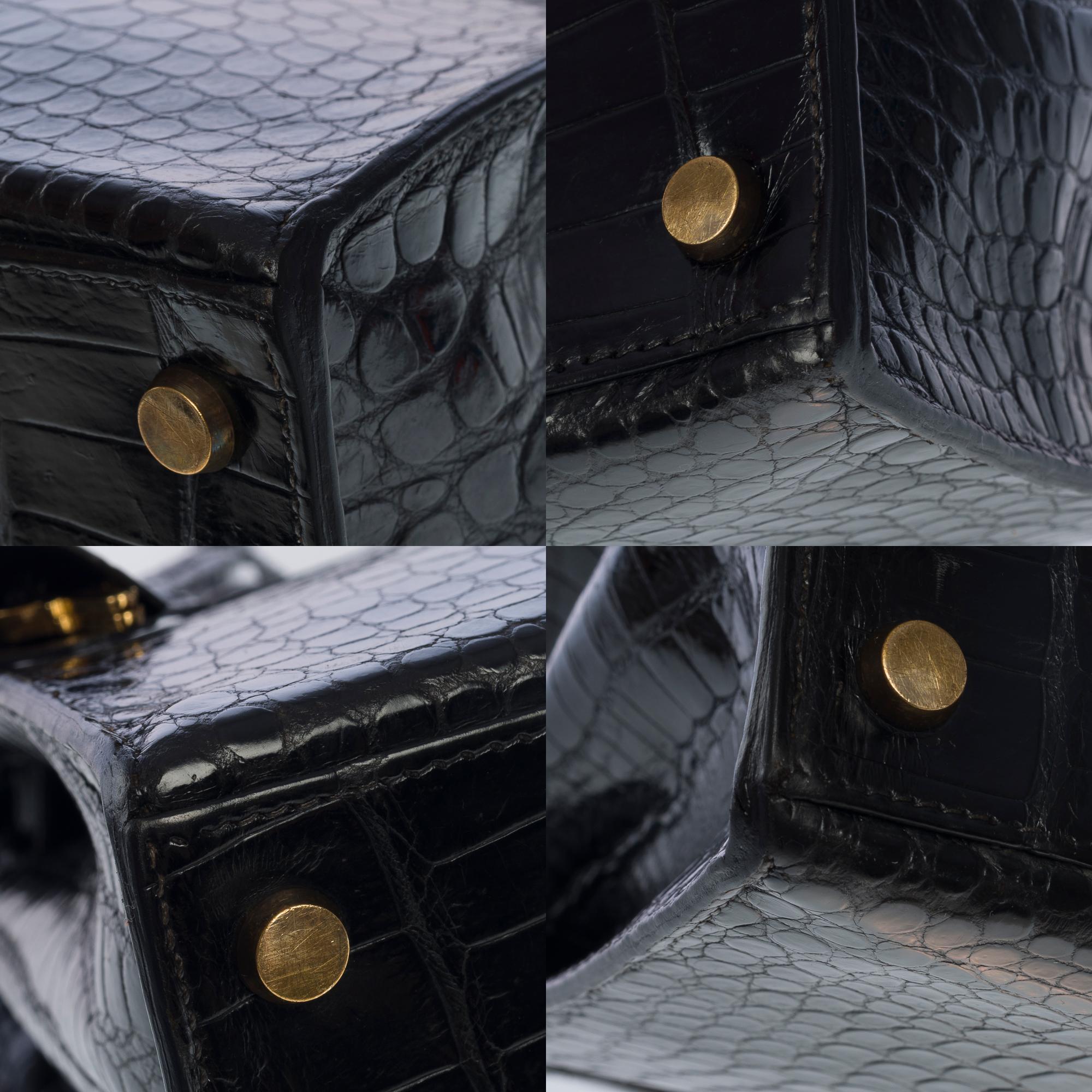 Amazing Hermes Kelly 28 sellier handbag strap in black Crocodile Porosus, GHW 6