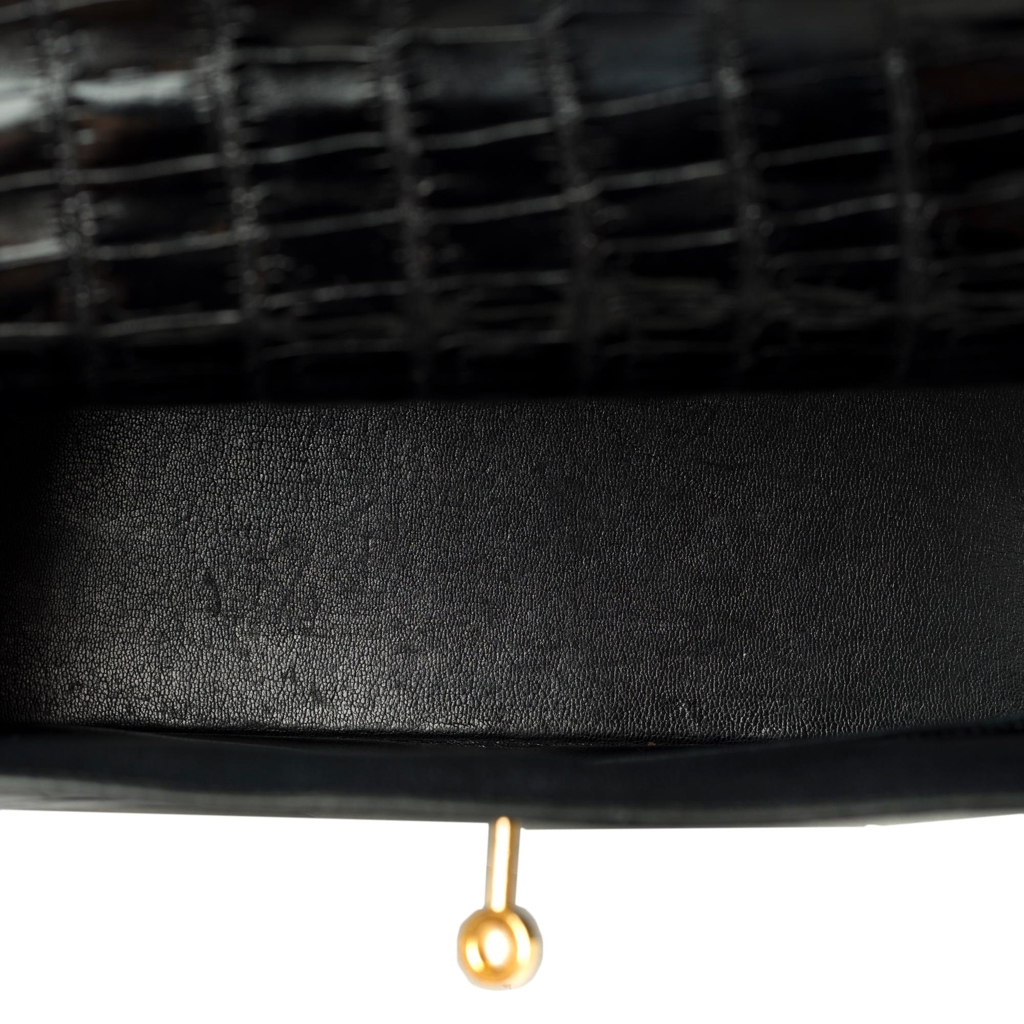 Amazing Hermes Kelly 28 sellier handbag strap in black Crocodile Porosus, GHW 5
