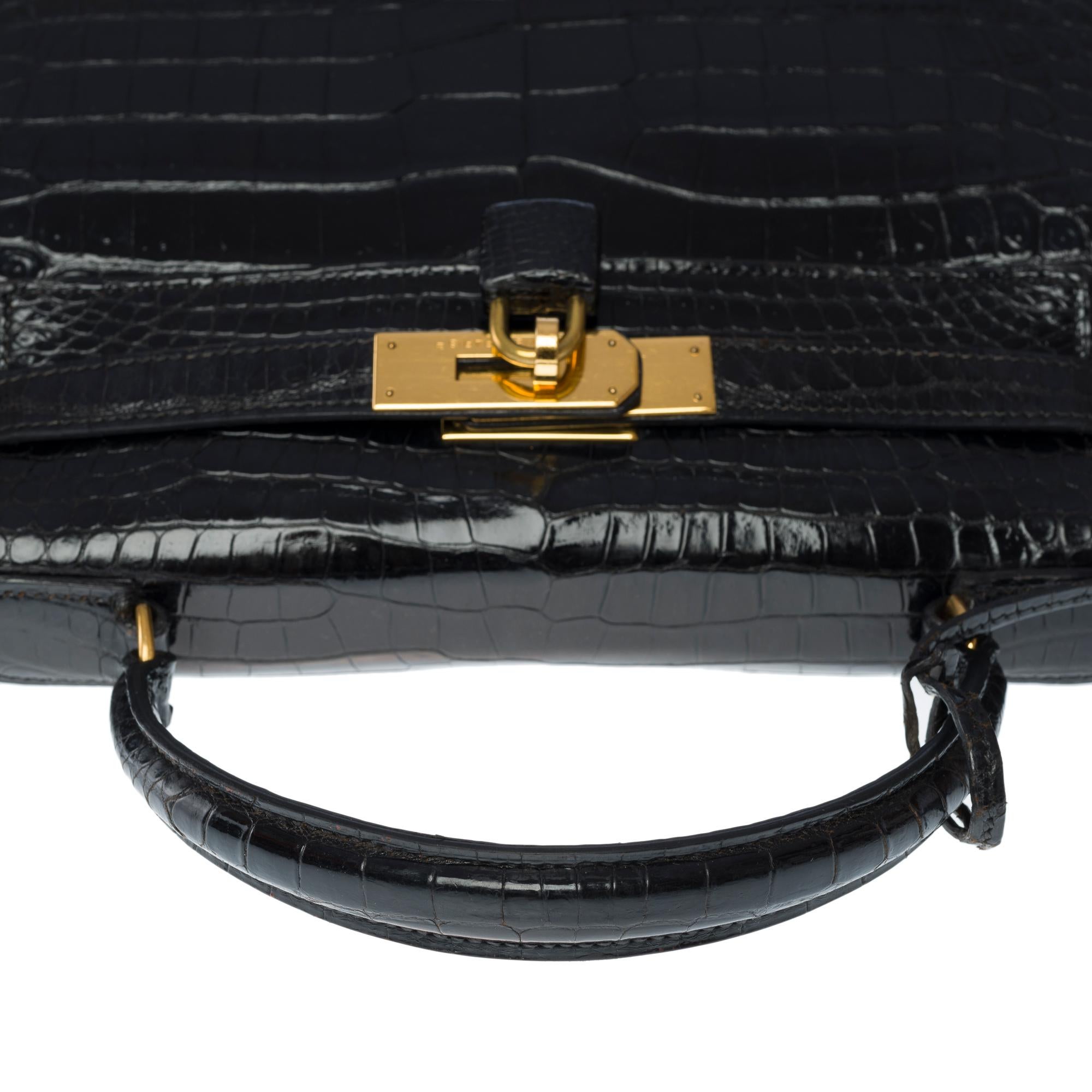 Amazing Hermes Kelly 28 sellier handbag strap in black Crocodile Porosus, GHW 6