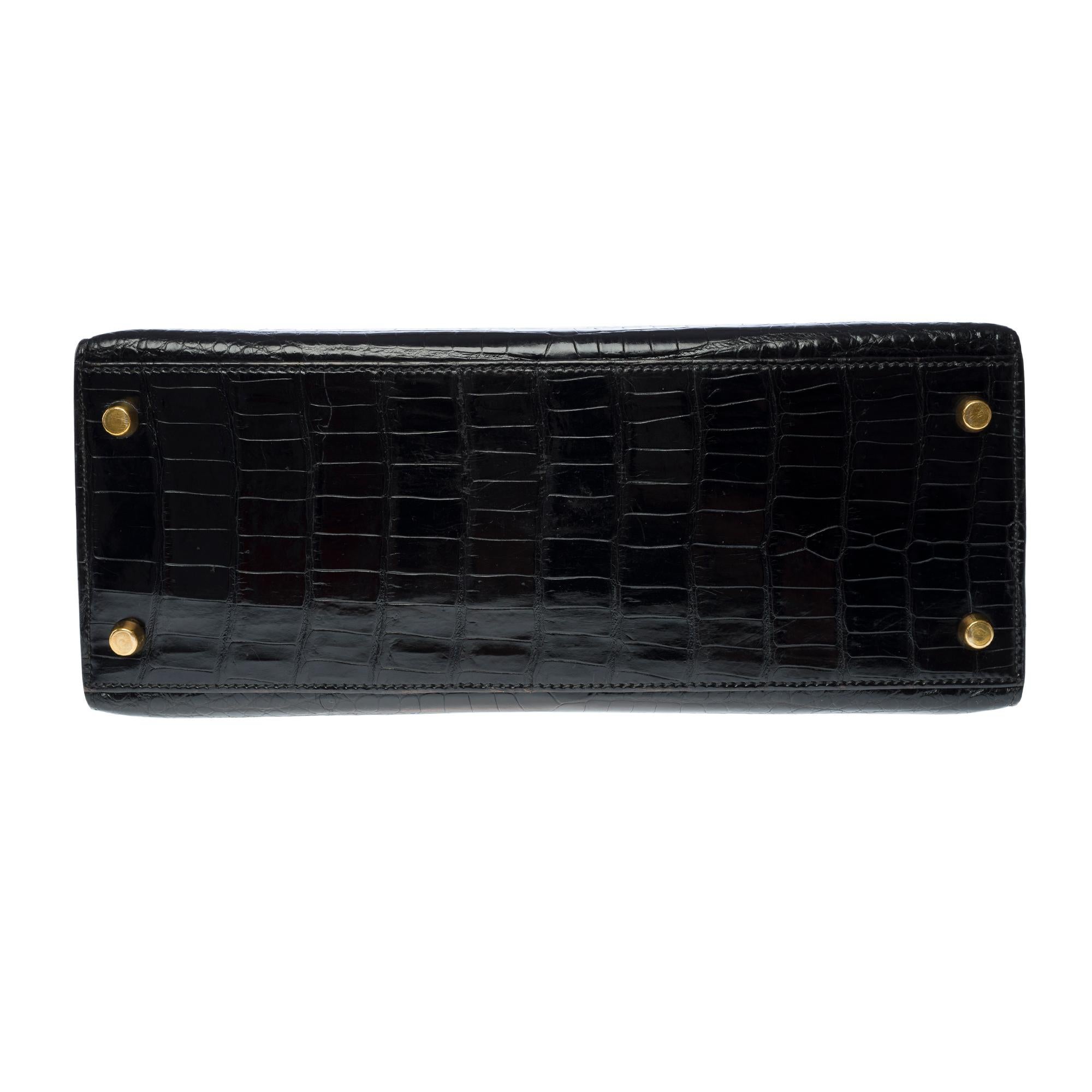 Amazing Hermes Kelly 28 sellier handbag strap in black Crocodile Porosus, GHW 7