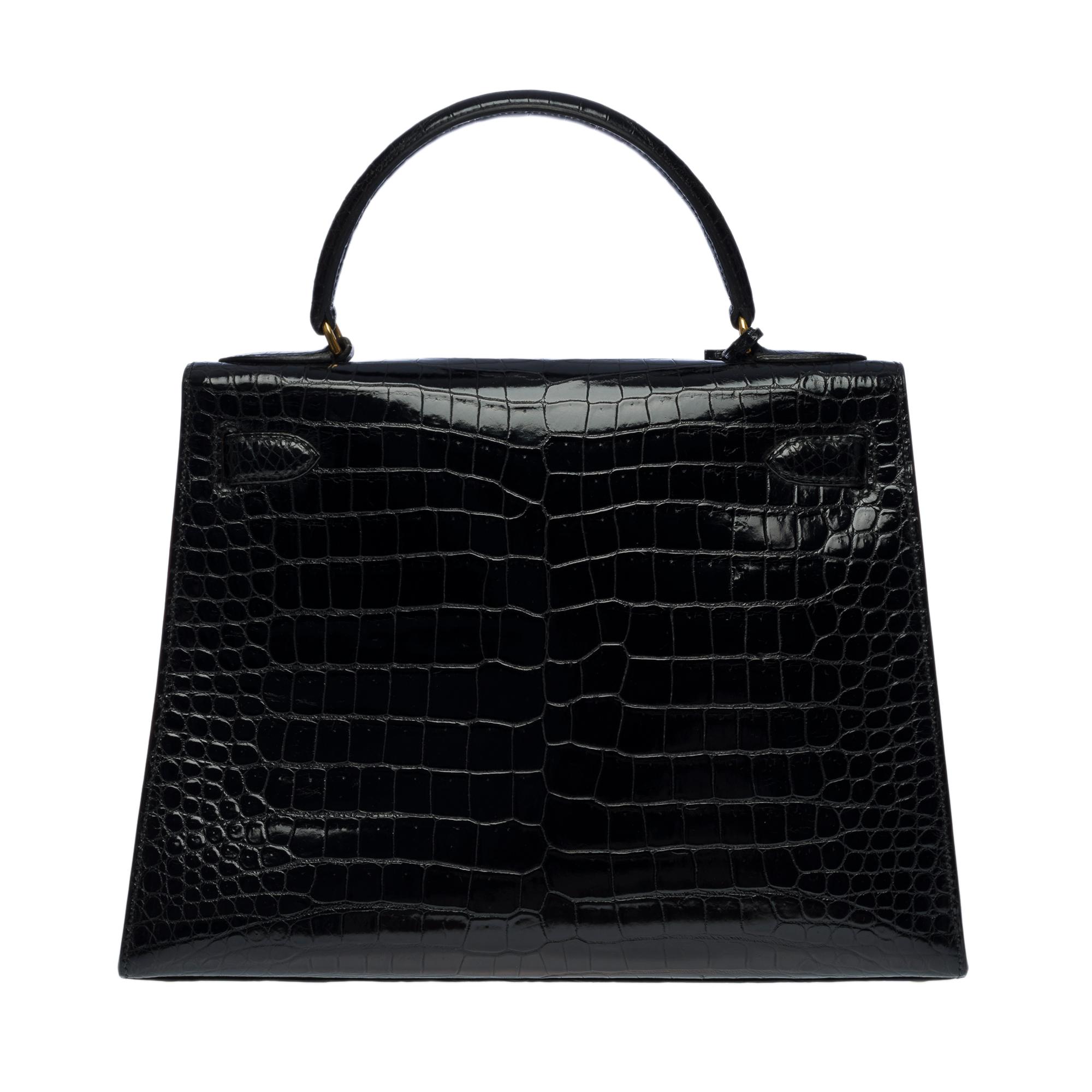 Black Amazing Hermes Kelly 28 sellier handbag strap in black Crocodile Porosus, GHW