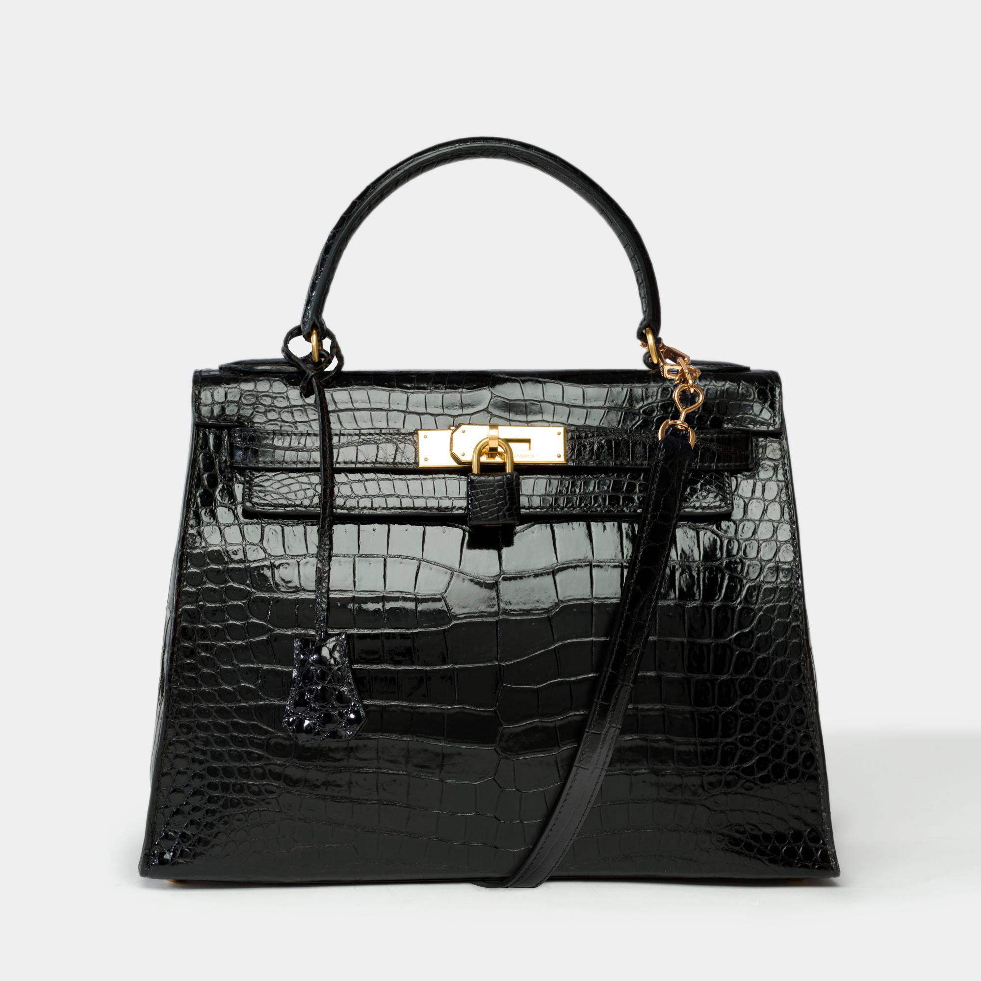 Black Amazing Hermes Kelly 28 sellier handbag strap in black Crocodile Porosus, GHW