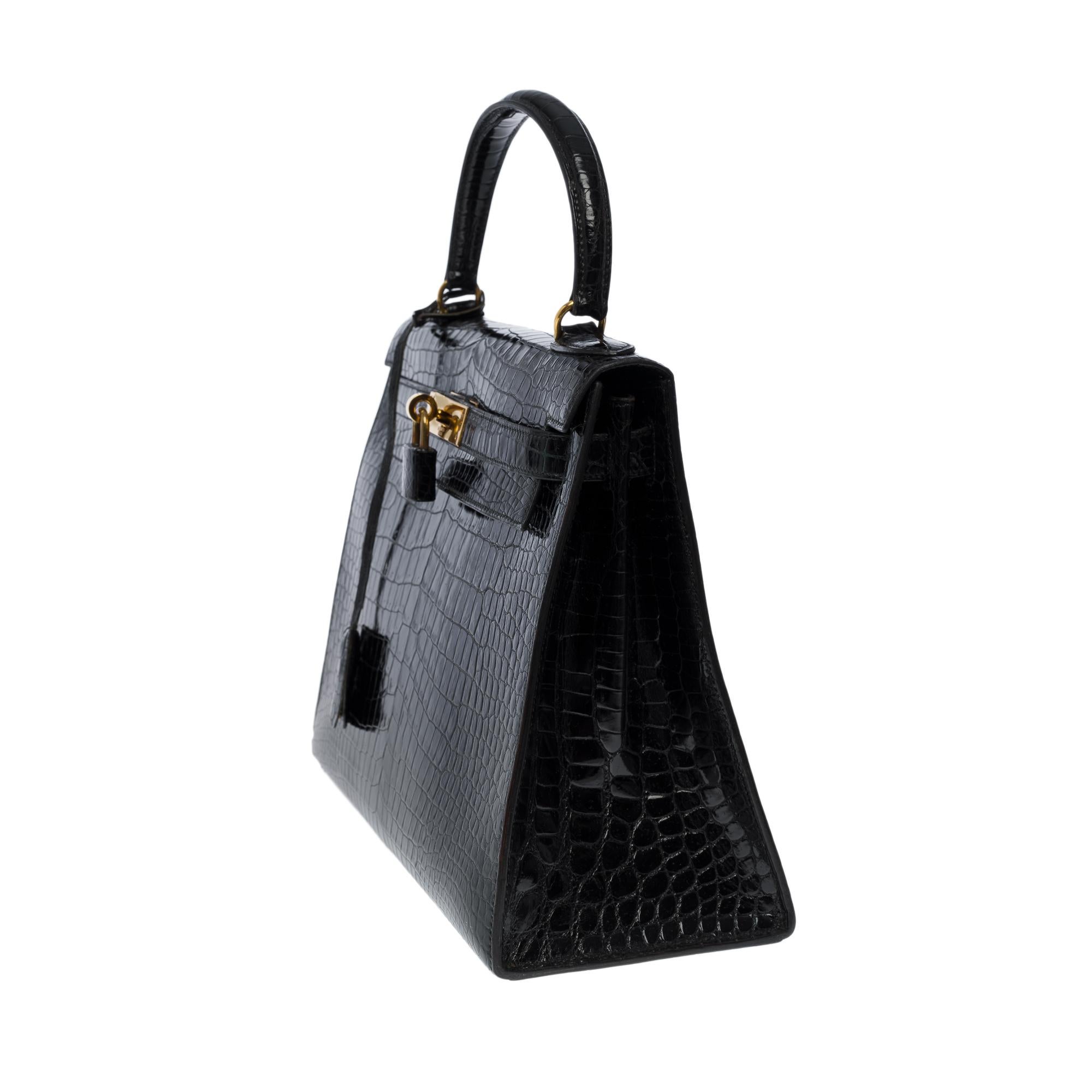 Amazing Hermes Kelly 28 sellier handbag strap in black Crocodile Porosus, GHW In Excellent Condition In Paris, IDF