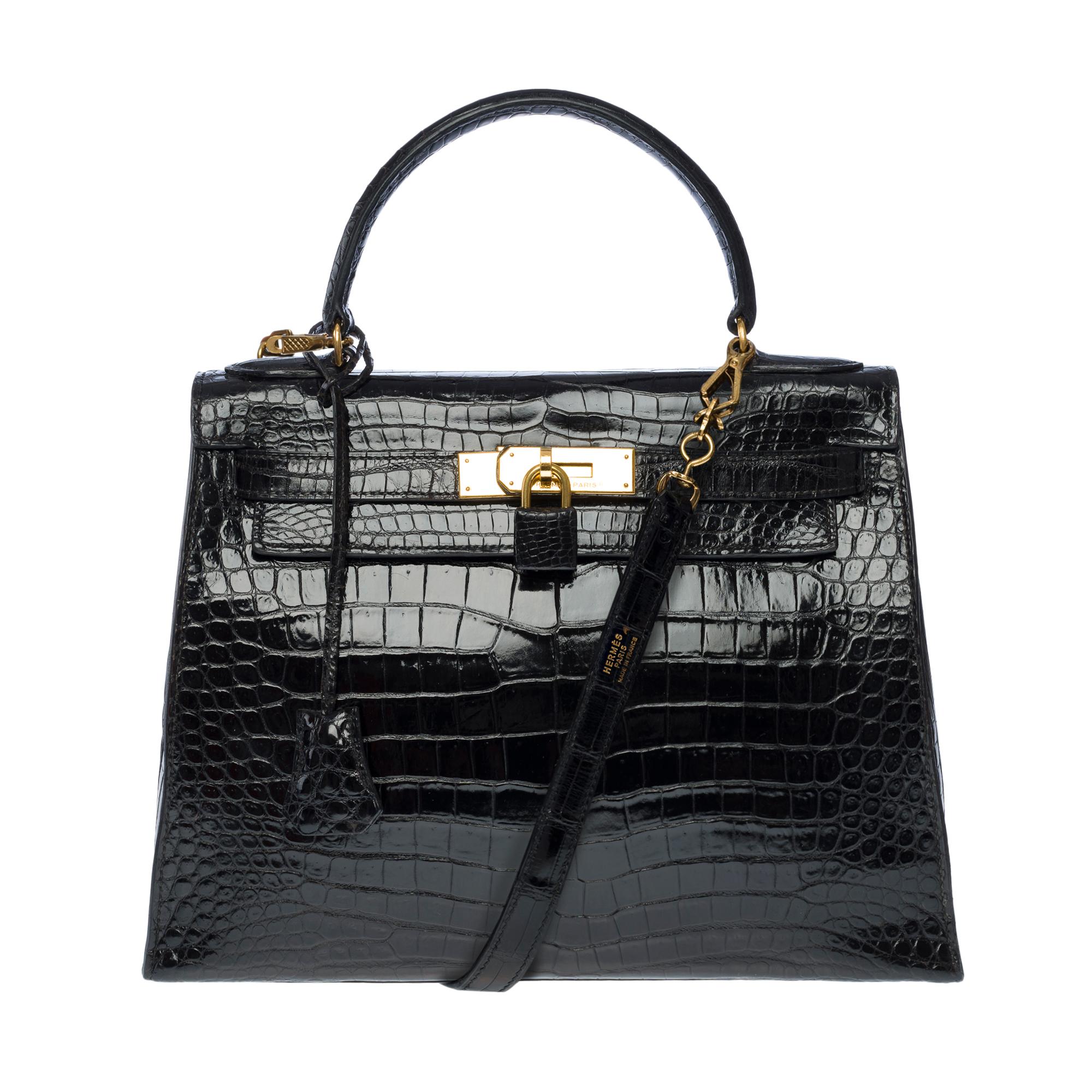 Women's Amazing Hermes Kelly 28 sellier handbag strap in black Crocodile Porosus, GHW