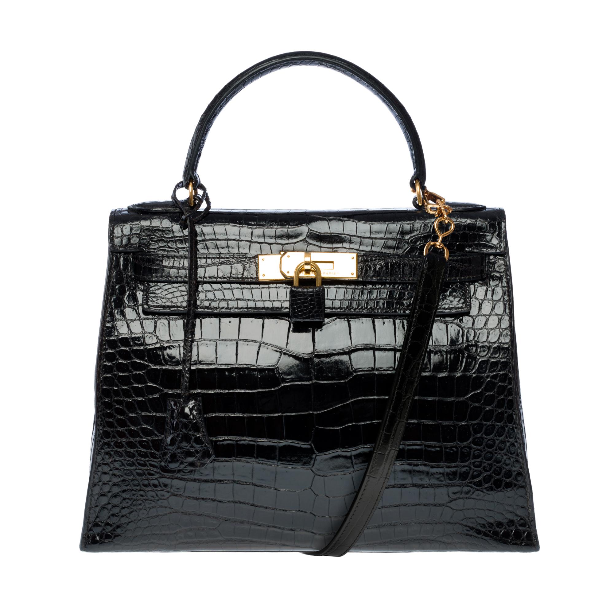 Amazing Hermes Kelly 28 sellier handbag strap in black Crocodile Porosus, GHW In Good Condition In Paris, IDF