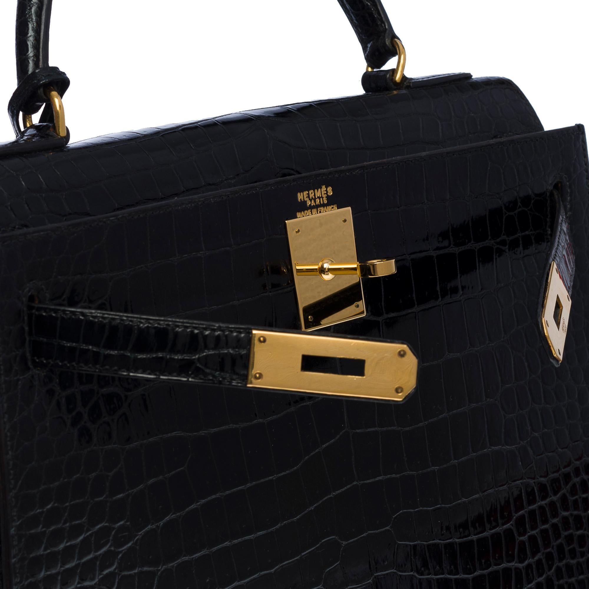 Amazing Hermes Kelly 28 sellier handbag strap in black Crocodile Porosus, GHW 1