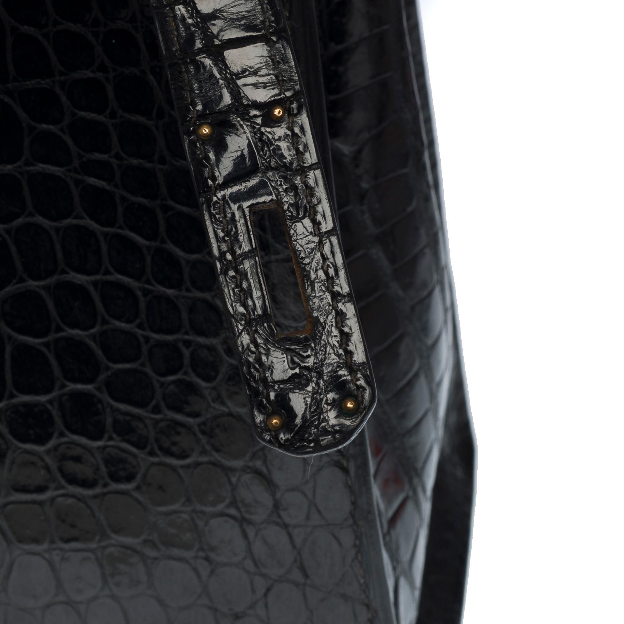 Amazing Hermes Kelly 28 sellier handbag strap in black Crocodile Porosus, GHW 2