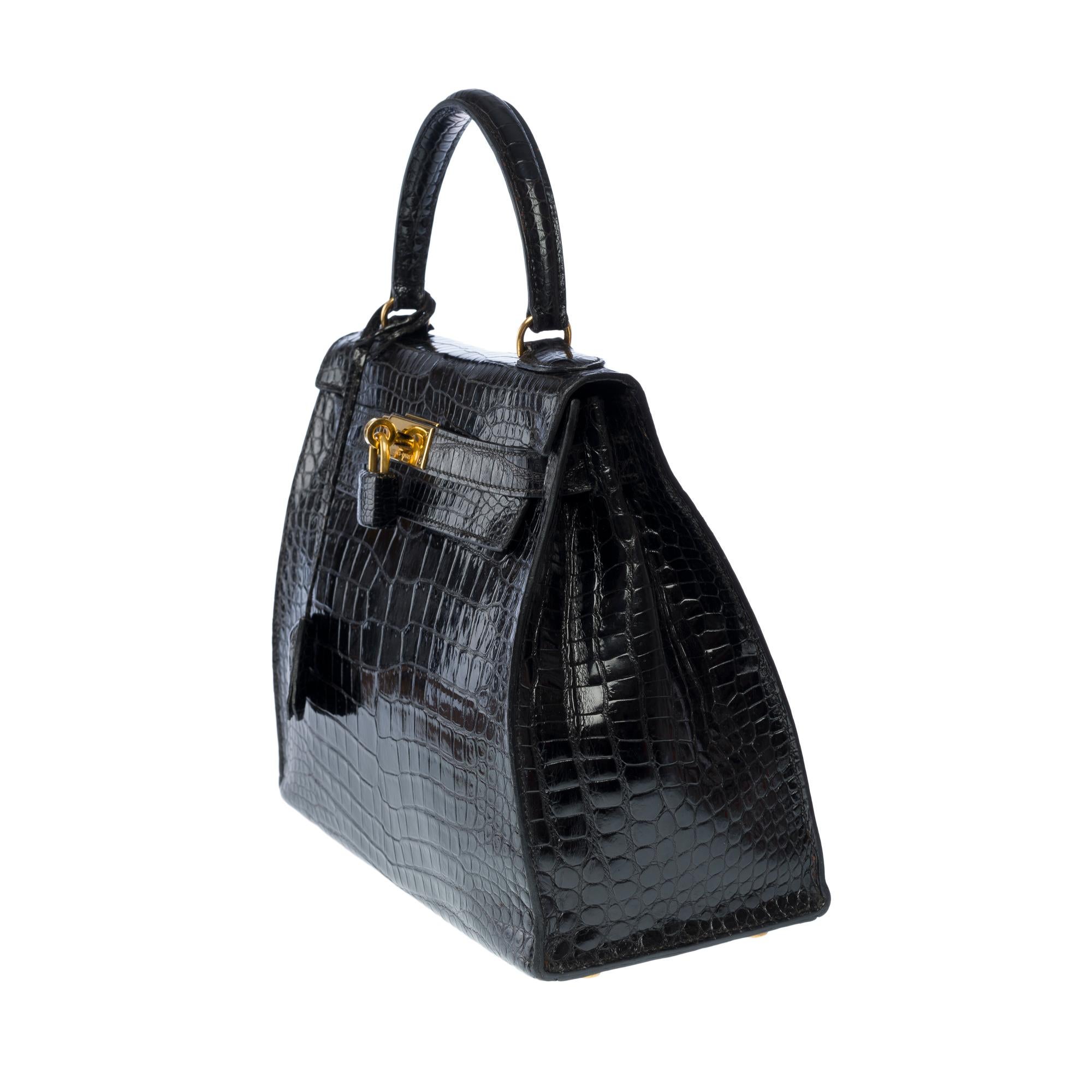 Amazing Hermes Kelly 28 sellier handbag strap in black Crocodile Porosus, GHW 1