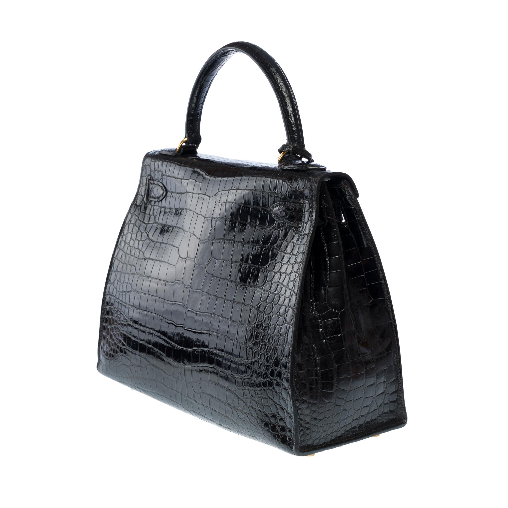 Amazing Hermes Kelly 28 sellier handbag strap in black Crocodile Porosus, GHW 2
