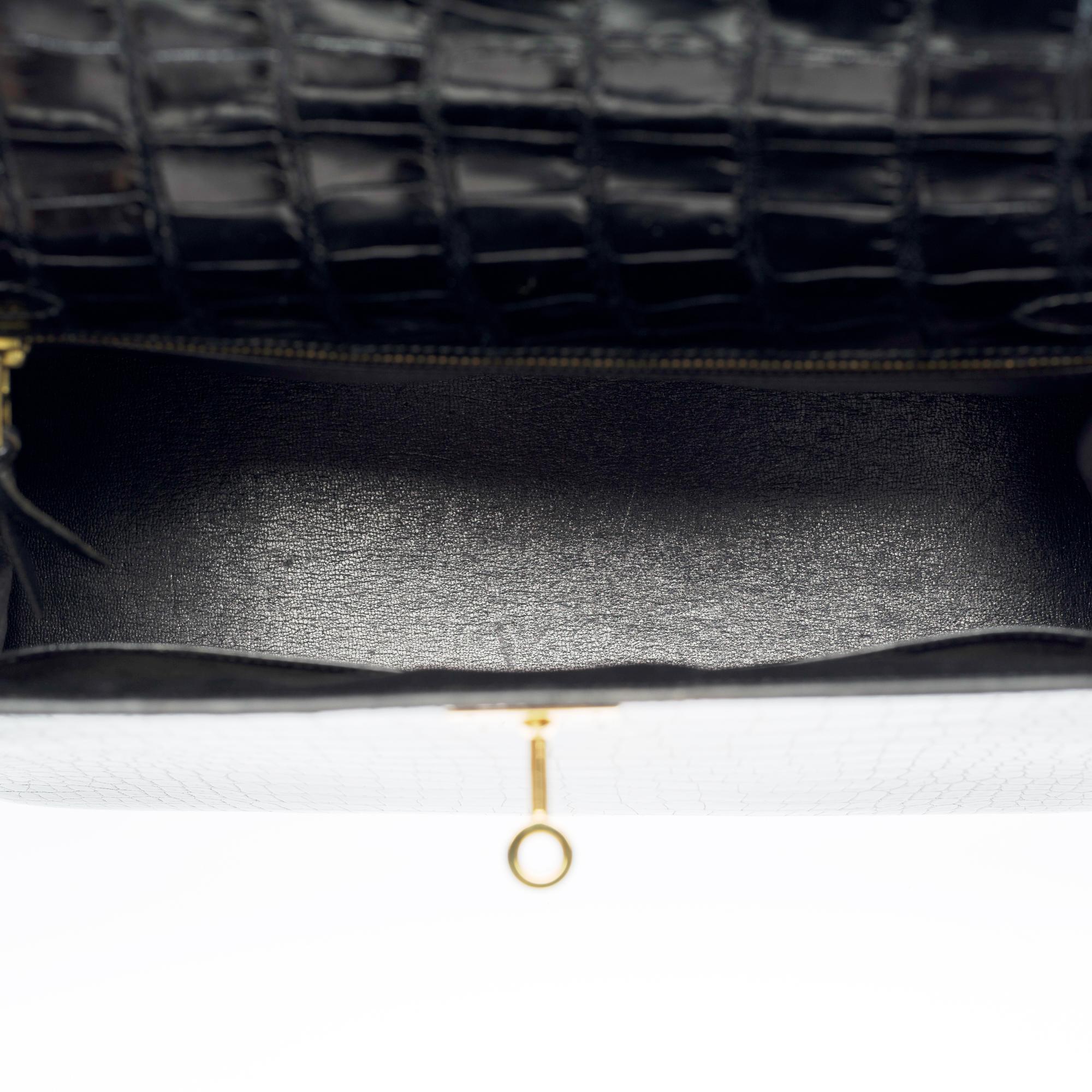 Amazing Hermes Kelly 28 sellier handbag strap in black Crocodile Porosus, GHW 3