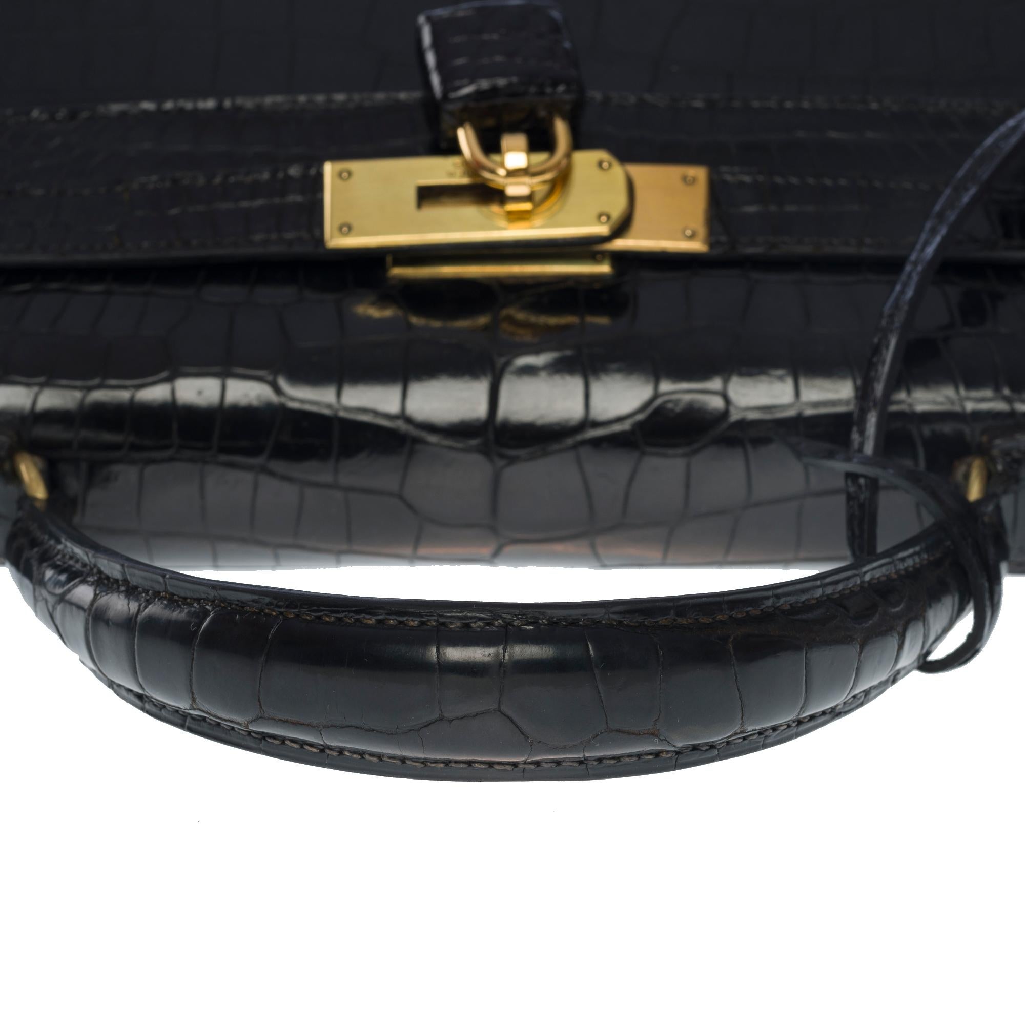 Amazing Hermes Kelly 28 sellier handbag strap in black Crocodile Porosus, GHW 4