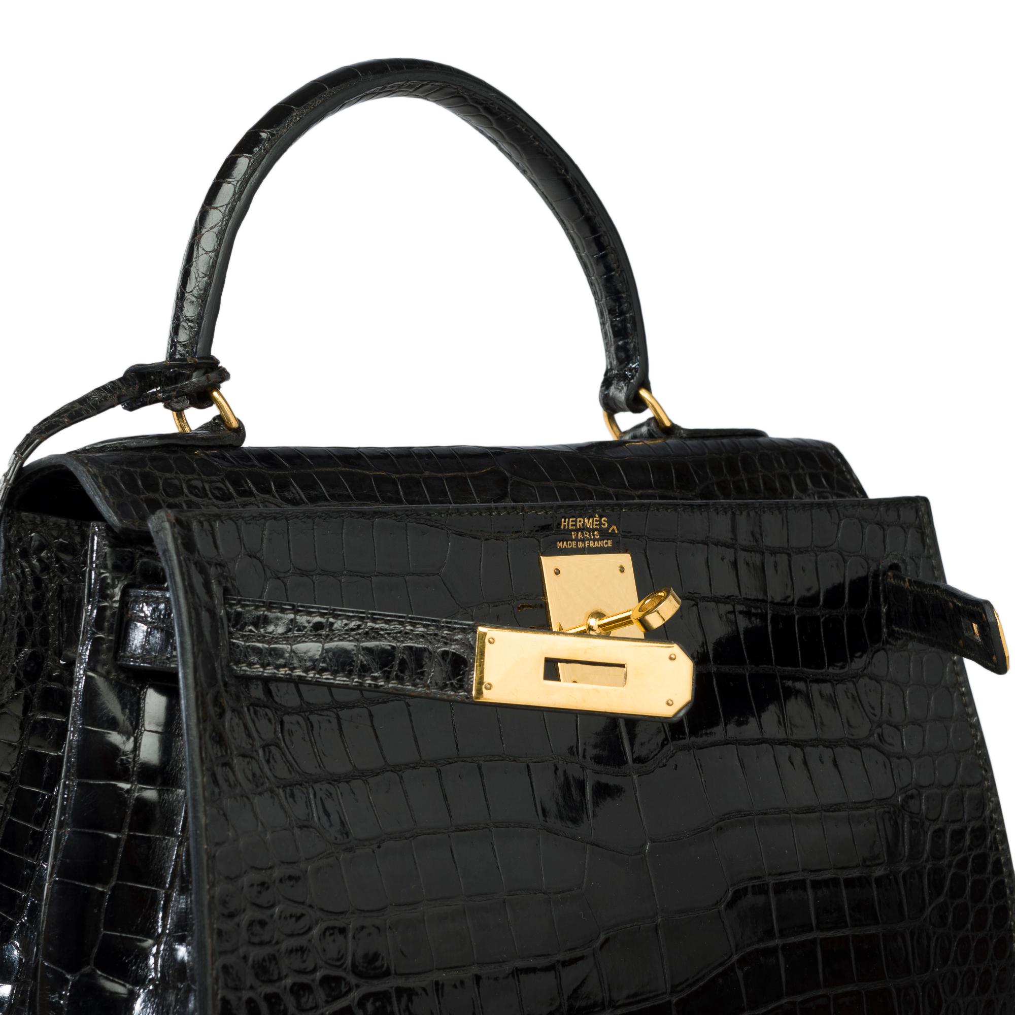 Amazing Hermes Kelly 28 sellier handbag strap in black Crocodile Porosus, GHW 3