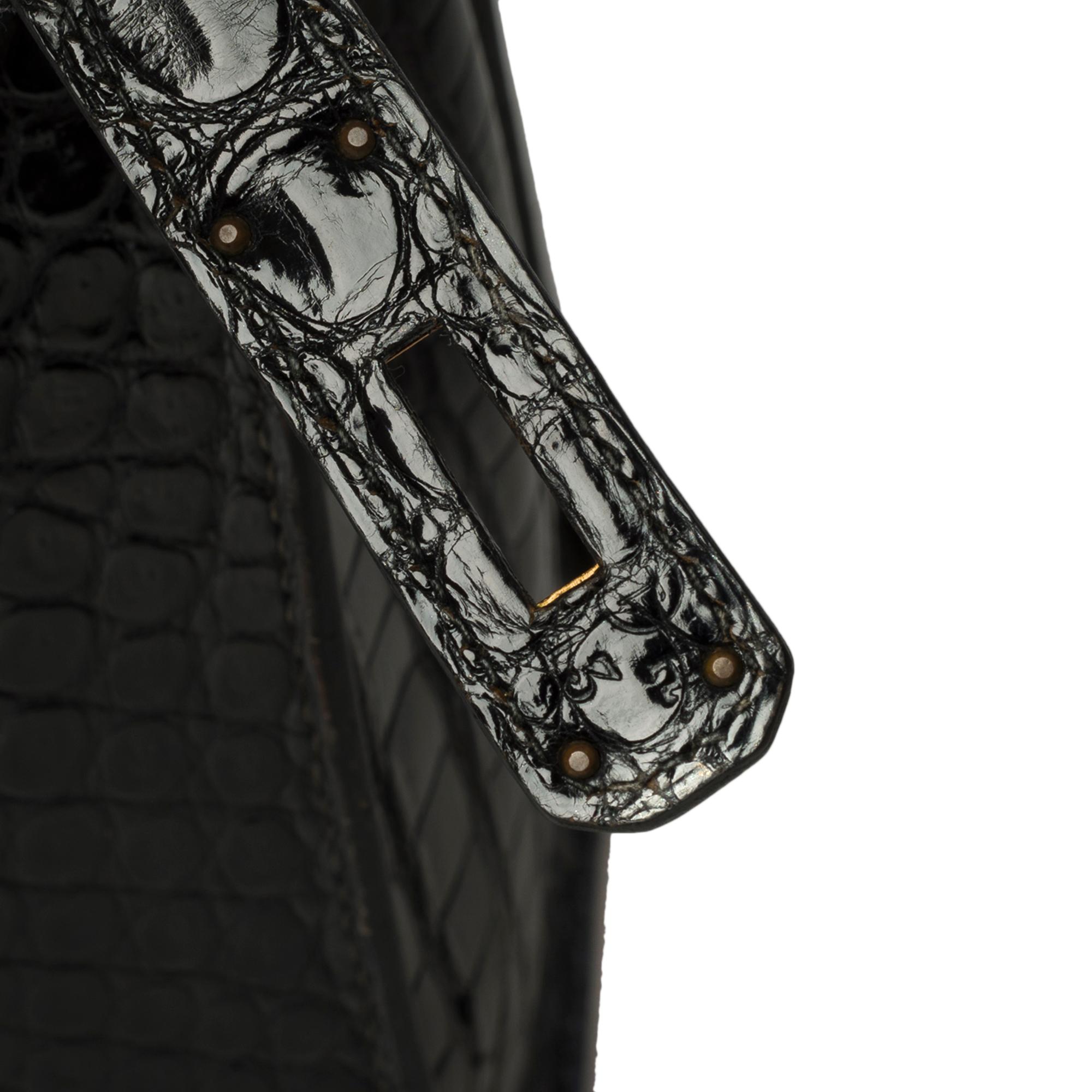 Amazing Hermes Kelly 28 sellier handbag strap in black Crocodile Porosus, GHW 4