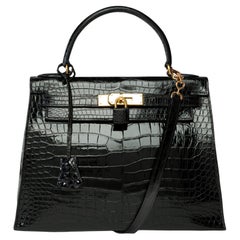 Außergewöhnliches Hermès Kelly 28 Sellier Handtascheband aus schwarzem Krokodil Porosus, GHW