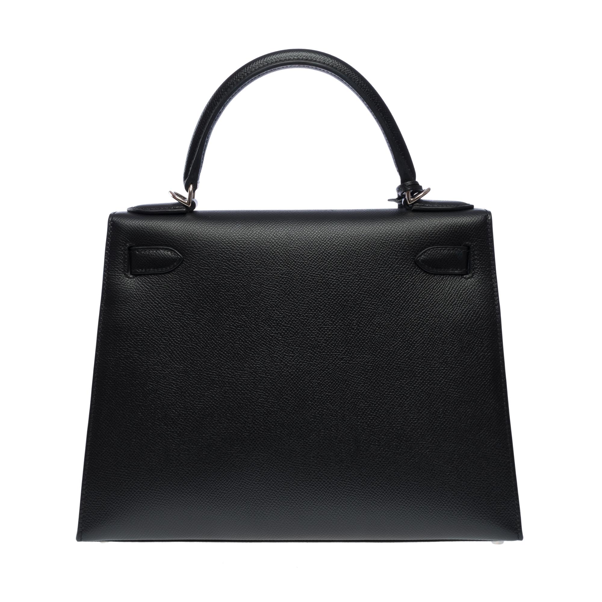 Orange Amazing Hermès Kelly 28 sellier handbag strap in black Epsom leather, SHW