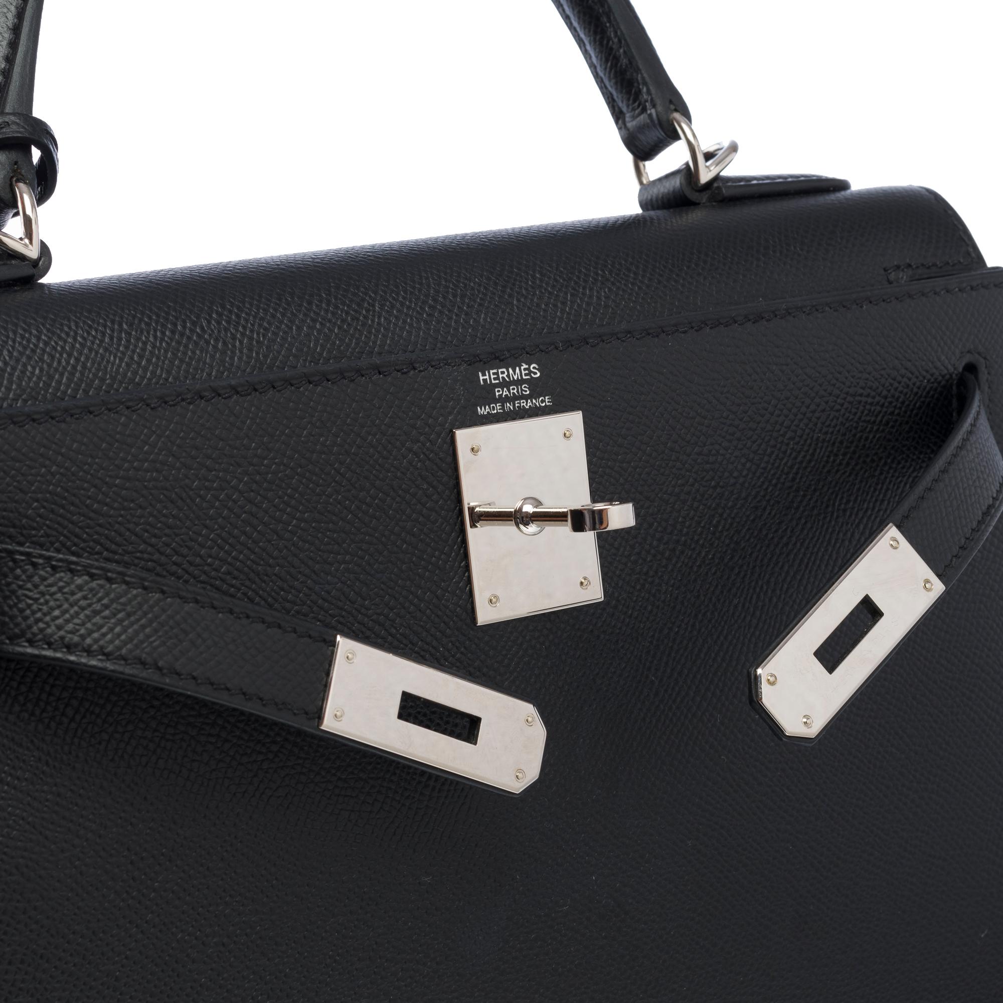 Amazing Hermès Kelly 28 sellier handbag strap in black Epsom leather, SHW 1