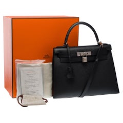 Amazing Hermès Kelly 28 sellier handbag strap in black Epsom leather, SHW