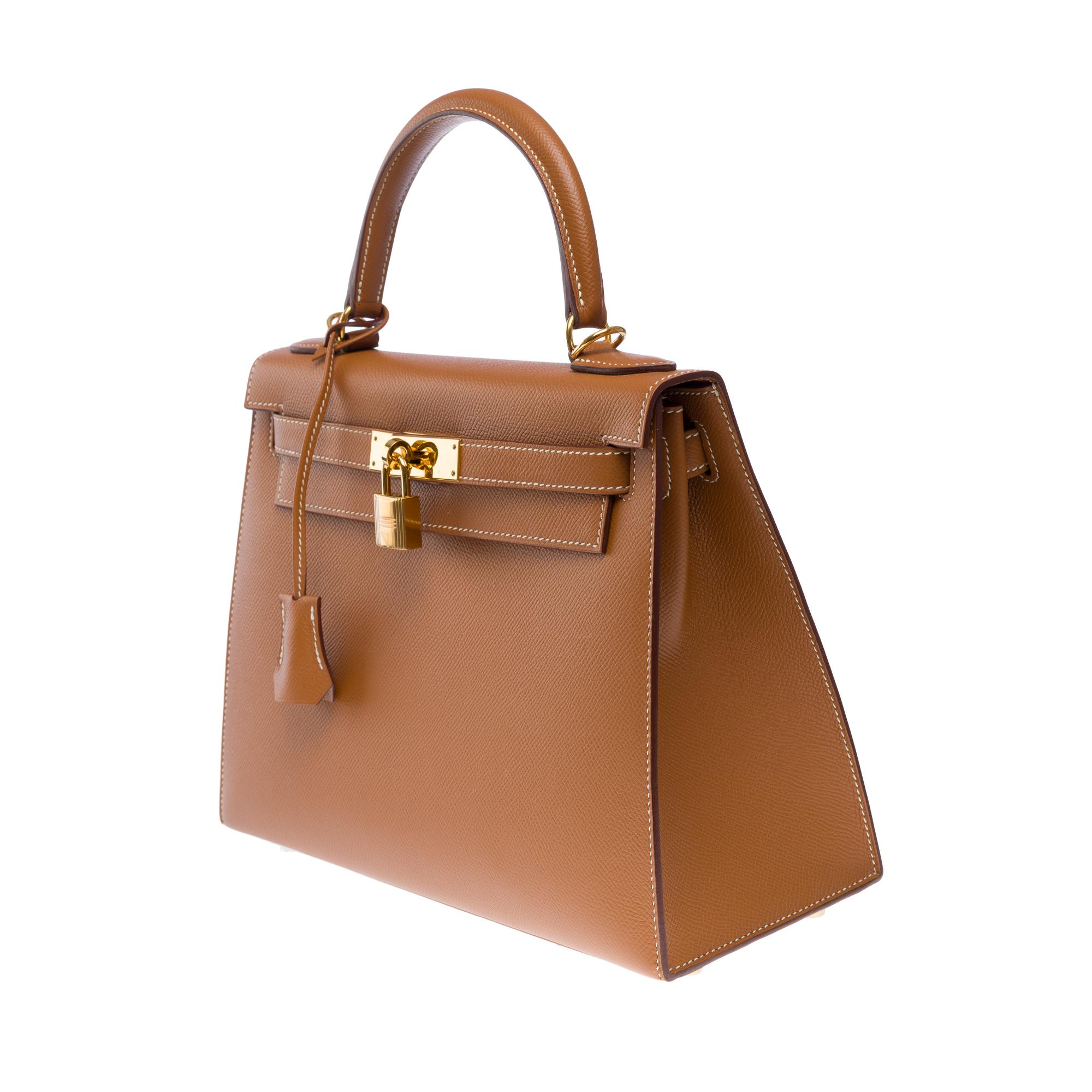 Amazing Hermès Kelly 28 sellier handbag strap in Camel/Gold Epsom leather, GHW 1