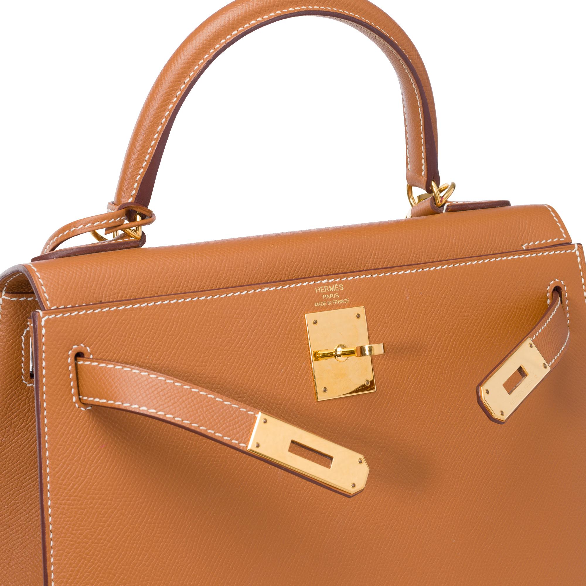 Amazing Hermès Kelly 28 sellier handbag strap in Camel/Gold Epsom leather, GHW 3