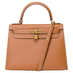 Amazing Hermès Kelly 28 sellier handbag strap in Camel/Gold Epsom leather, GHW