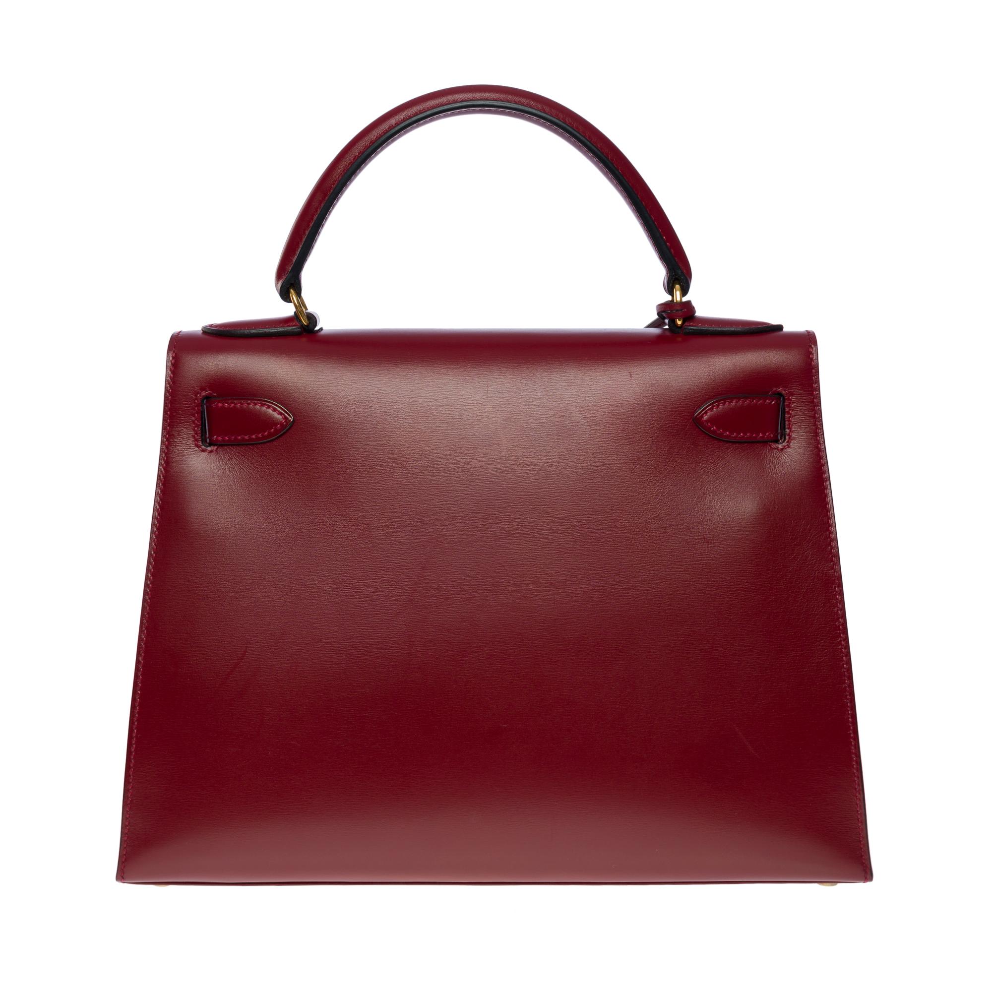 Amazing Hermes Kelly 28 sellier handbag strap in Rouge H box calf leather, GHW In Excellent Condition In Paris, IDF
