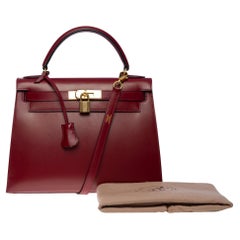 Amazing Hermes Kelly 28 sellier handbag strap in Rouge H box calf leather, GHW