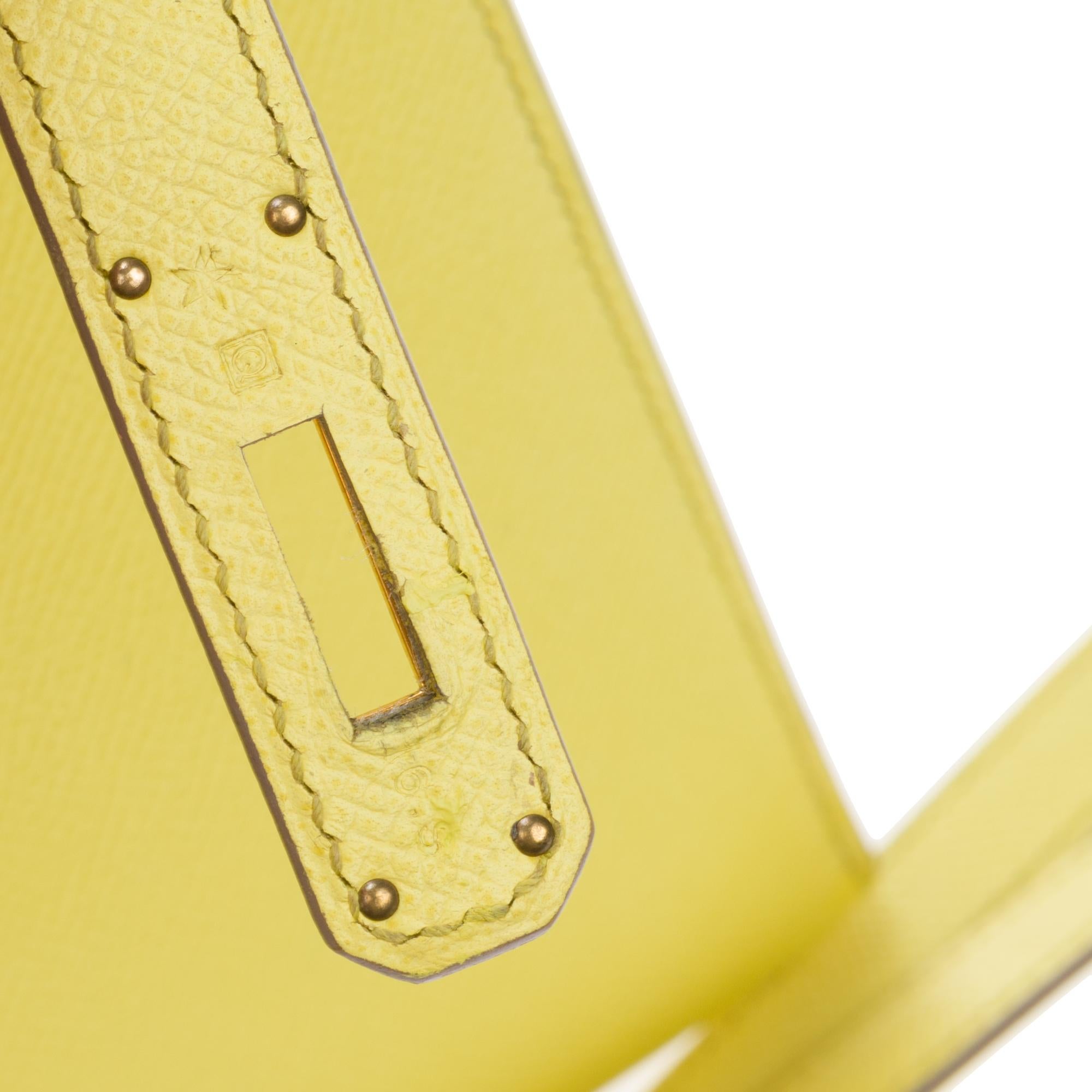 Erstaunlich Hermès Kelly 35 Handtasche mit Gurt in epsom gelb Zitrone Farbe, GHW ! (Gelb)