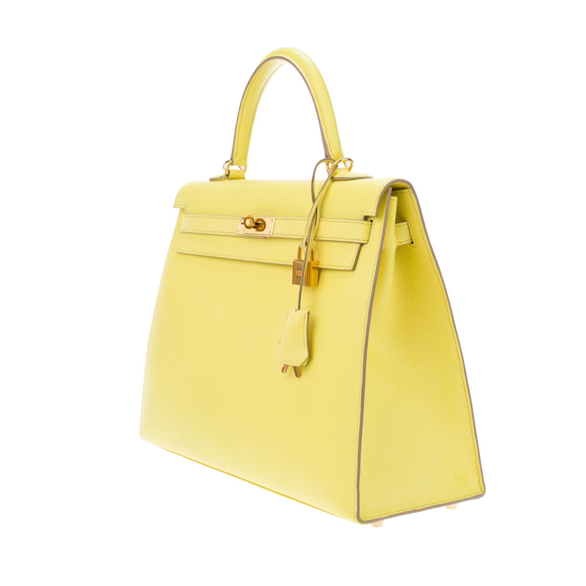 Erstaunlich Hermès Kelly 35 Handtasche mit Gurt in epsom gelb Zitrone Farbe, GHW ! Damen