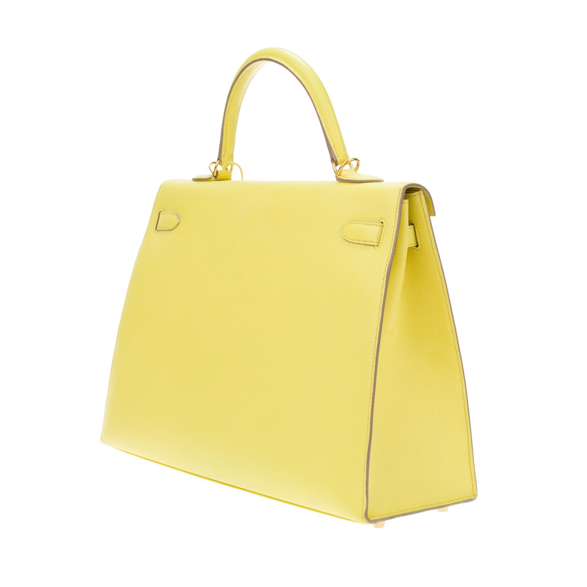 Erstaunlich Hermès Kelly 35 Handtasche mit Gurt in epsom gelb Zitrone Farbe, GHW ! 1