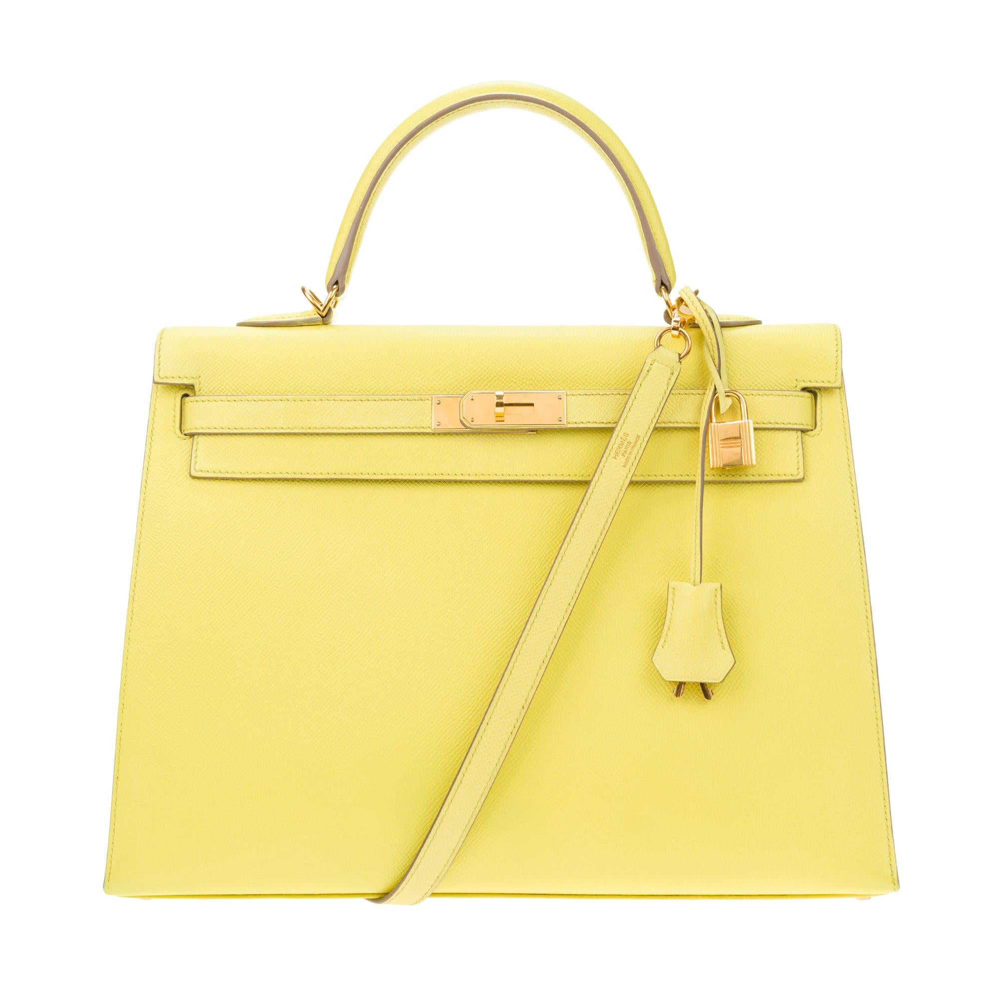 Erstaunlich Hermès Kelly 35 Handtasche mit Gurt in epsom gelb Zitrone Farbe, GHW !